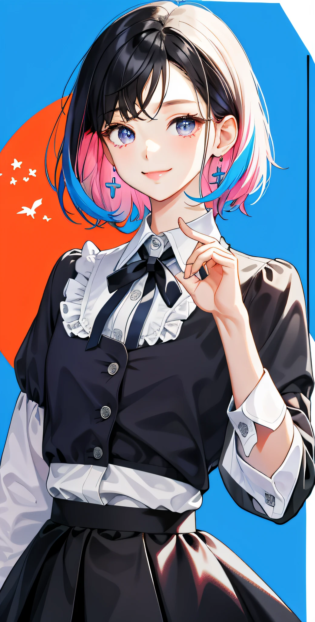 masterpiece,best quality,upper body,1girl,collared_shirt and flared_skirt as material1,colorful,cursor \(medium\),cropped,parted bangs,small breasts,aegyo sal,smiley,panorama