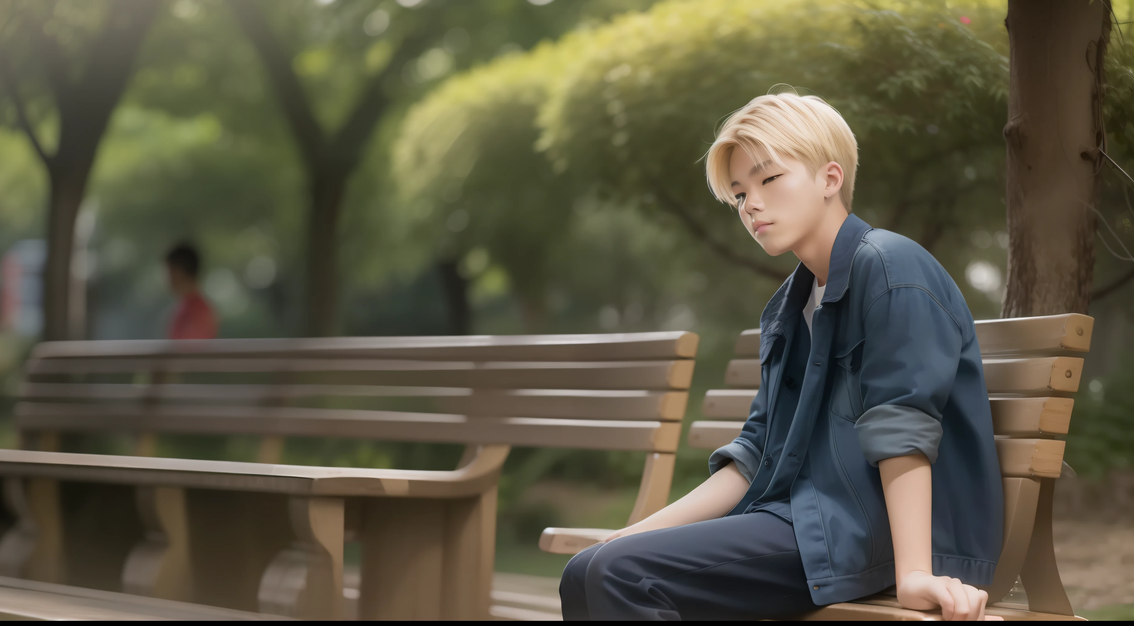 17-year-old blonde Taiwanese boy sitting gracefully on a park bench, Look far away, Deep in thought, Think about the world around him, Capture this 17 year old Taiwanese portrait photography style boy，a blonde hair，Use soft lighting and natural surroundings to showcase his contemplative demeanor and unique charm, Portrait