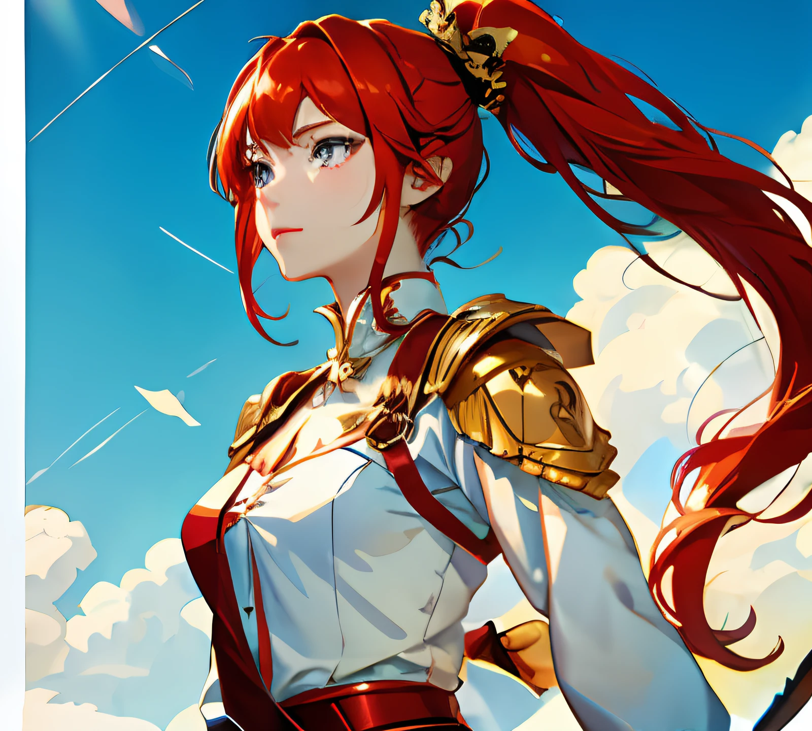 Anime a poster，Redhead high ponytail girl，full bodyesbian，frontage，With a spear，Wearing armor