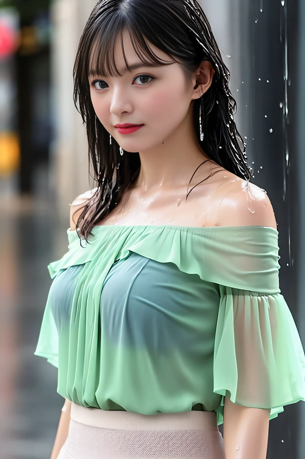 ((1 female: 1.5)), (anatomically correct proportions), (sexy proportions), ((sexy poses)), ((whole body: 2)), detailed face, detailed hair, Detailed skin, ((small face: 1.2)), thin waist, (large breasts), ((short torso)), ((1 screen)), 8K, RAW shot, highest quality, ((masterpiece)) , realistic photo, shot above the knee, (beautiful face like a Japanese actress), 18-year-old beauty, (((raining city street in the near future: 1.5))), (neon sign In a beautiful city: 1.5), ((beautiful woman standing in the rain)), ((body is soaking wet)), (((sheer off-shoulder blouse is (wet)))), ((wet (Sticking to the skin) off-shoulder blouse: 1.5)), ((body-fitting off-shoulder blouse)), ((no bra: 1.5)), (((nipple shadow: 1.5))), (( light-colored blouse)), ((tight skirt is (wet): 1.5)), (((wet hair: 1.8))), (((wet bangs: 1.8))), (sad expression)