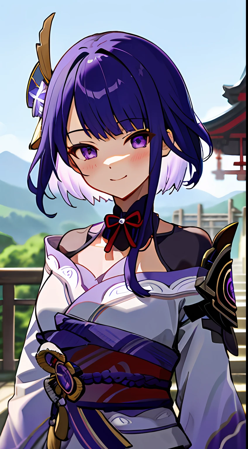 raidenshogundef, upper body, smile, blush, outdoors, day, simple background, blue sky, short hair, sky, temple, looking at viewer, stairs, mountain, moody lighting, facing viewer,