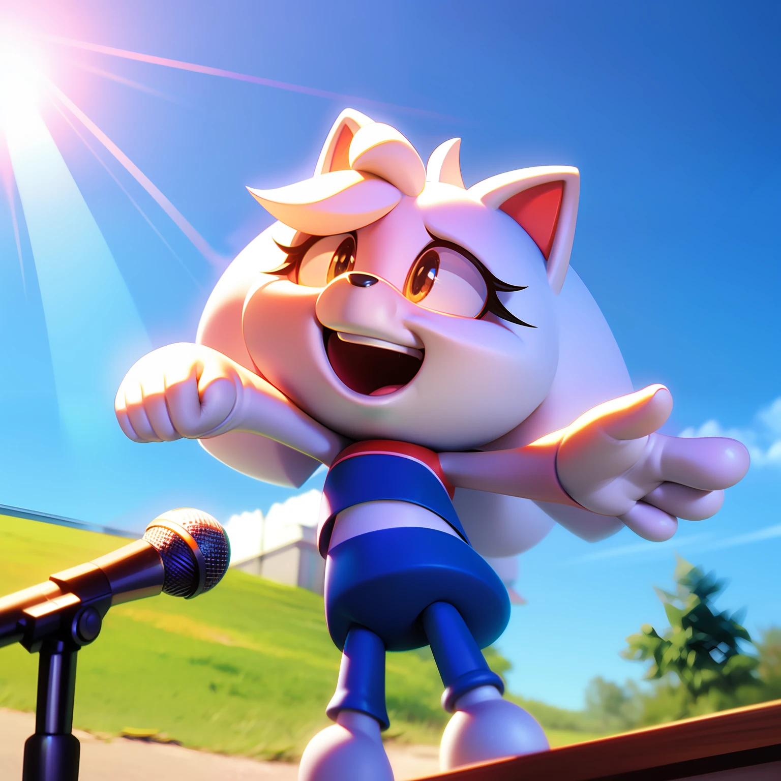 pixar-style,Under bright sunlight,The white Samoyed held up the microphone and sang happily。