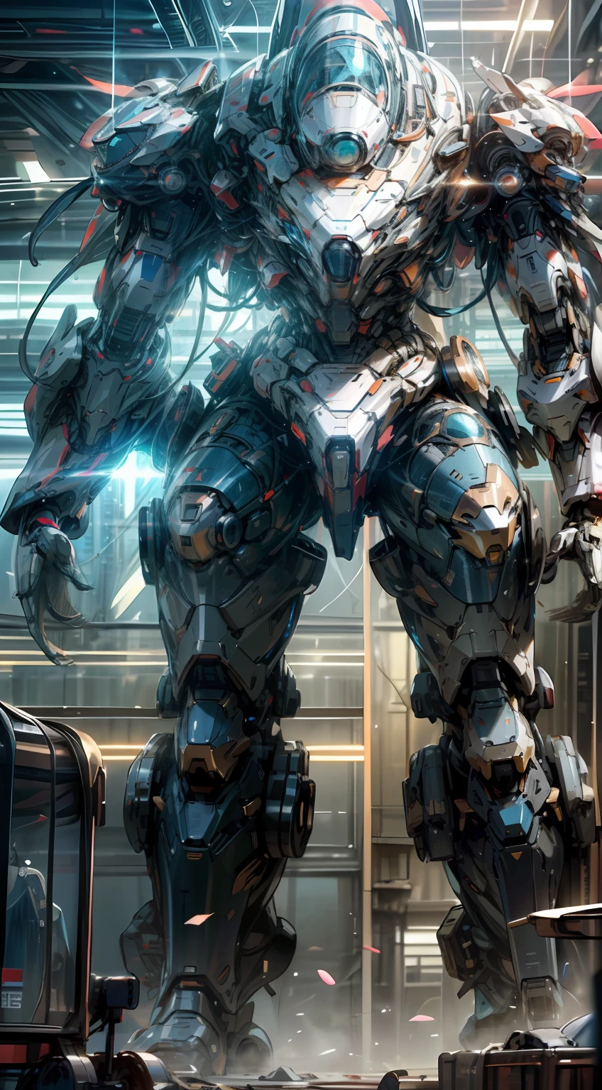 Tall mech, armor, robot, (Blue silver can), cyberpunk style, SpaceX tech, mecha covered with testla pattern, huge body, (complex structure), super detailed detail, ruins background, full body shot, 8K, super clear, super HD, super realistic, super real