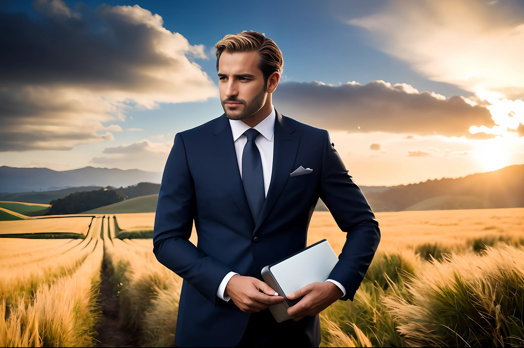 Arafed man in a suit standing in a field with a laptop, bonito e elegante, olhar elegante, homem bonito, advertising photo, pose elegante, homem atraente, cavalheiro, impecavelmente vestido, Fumegante, bonito e atraente, in a scenic background, foto de retrato, Macho bonito, beautiful man, bem - vestido, inspirado em Nils Hamm, fotografia editorial