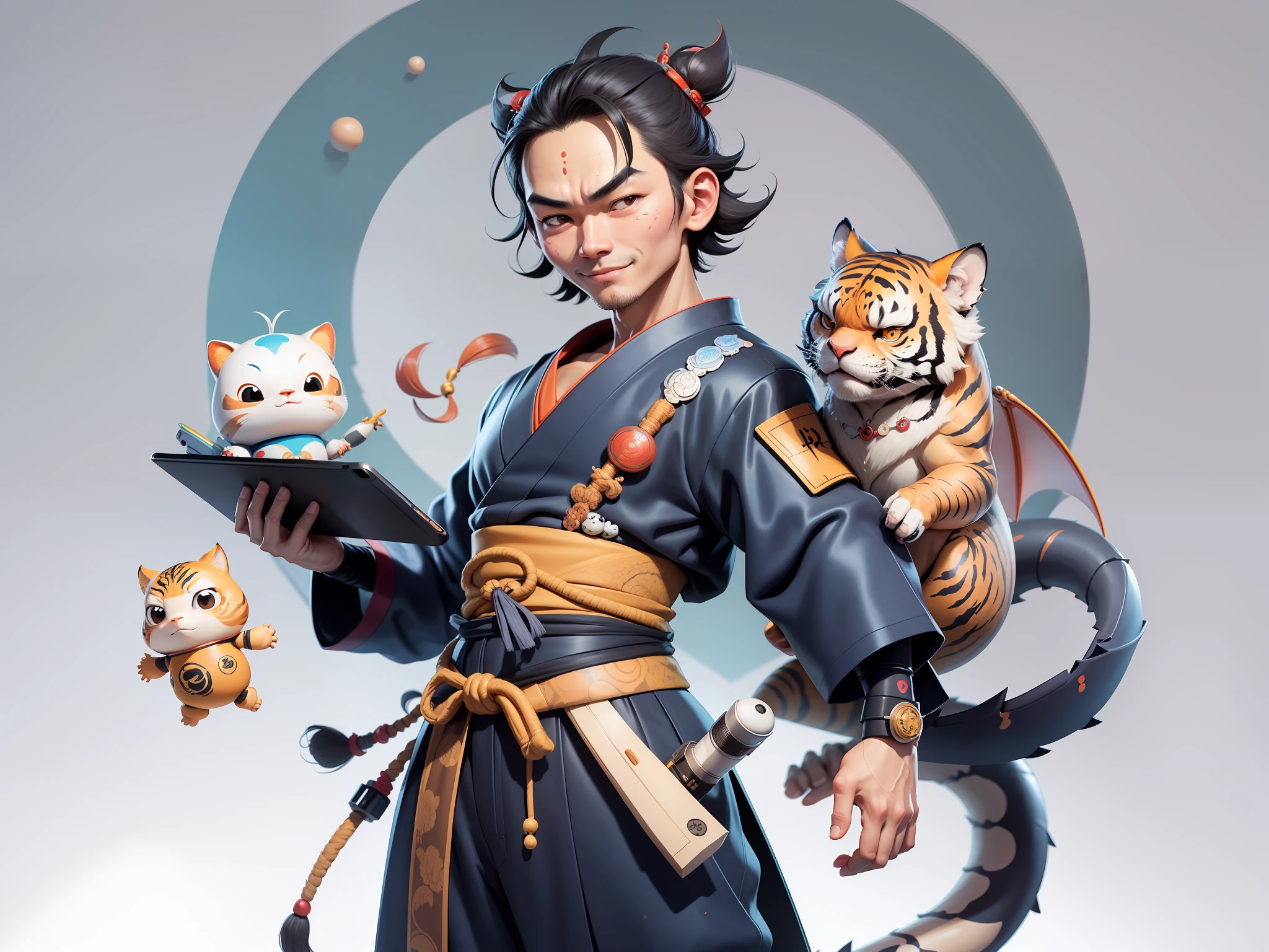(Daisaku),(Need),(Super meticulous),(full bodyesbian:1.2),Japanese ukiyo-e girl,japanese geisha,Beautiful,Oriental dragon,one tiger,Aeolian Thor,Raised sexy,爆乳,Oriental face,TV Anchor,Bust portrait illustration,Alone,In black suit,a blue tie,The face is slightly chubby,The face was clean,without a beard,Black super short hair,Black eyes,Smile confidently,3C computer sub-products,iPad, iphone,Digital painting,3D character design by Mark Clairen and Pixar and Hayao Miyazaki and Akira Toriyama,The illustration is a high-definition illustration in 4K resolution,With very detailed facial features and cartoon-style visuals。