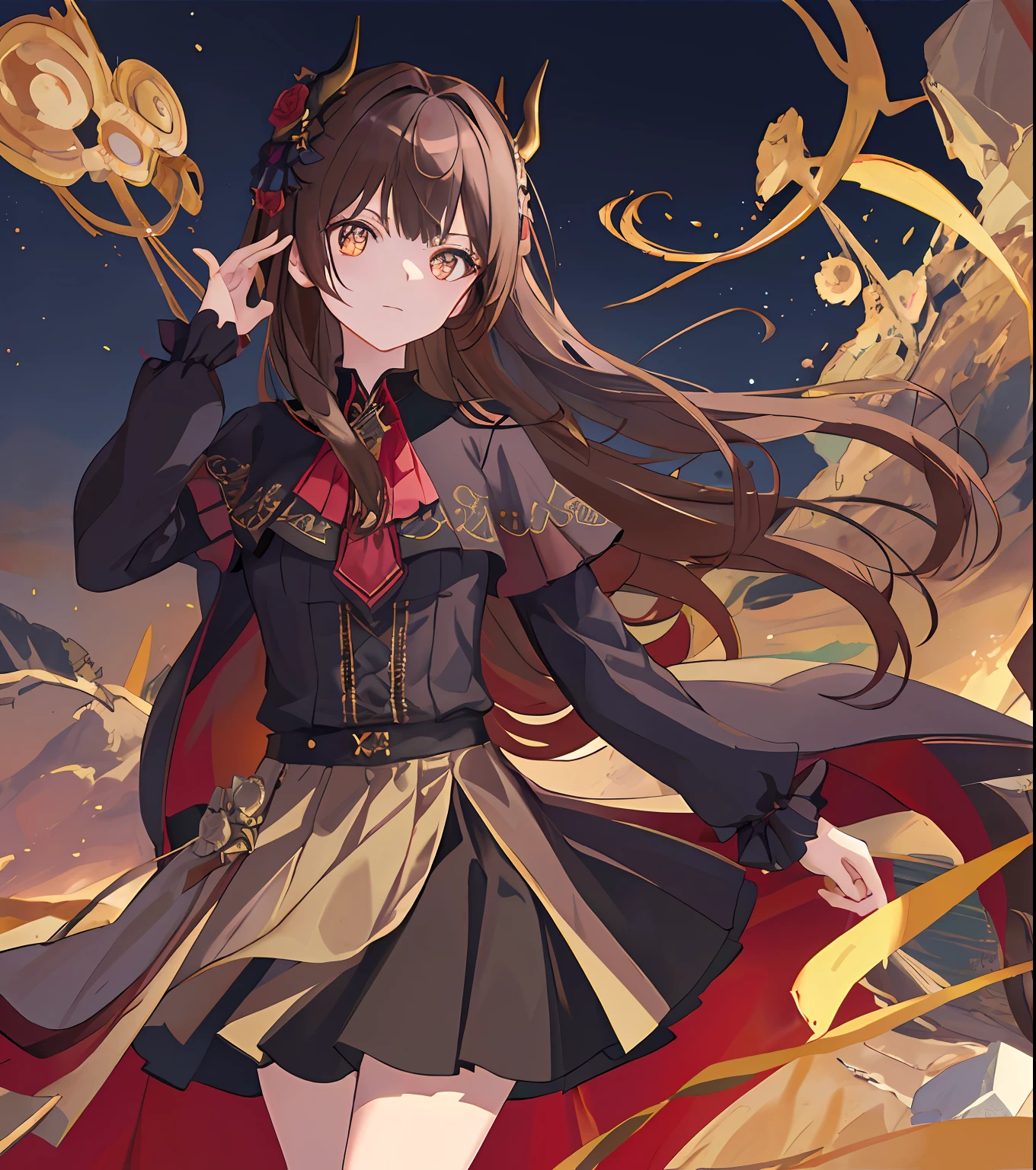 Masterpiece quality,The best quality assurance。A brown hair、Cute girl with golden eyes。She looks very arrogant,Wearing a short Gothic skirt,Exudes magic,With a rose headdress,English-style top,Long hair flutters in the wind,Playful and cute,devil horns,the sea,nigth