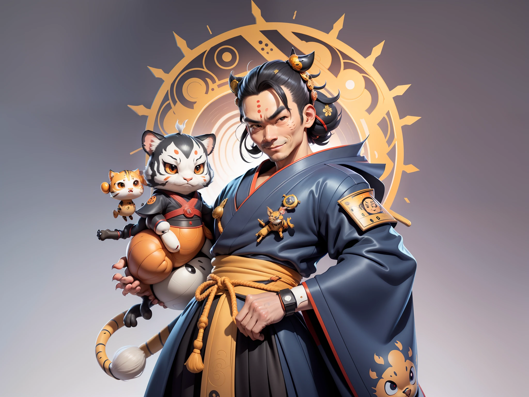 (Daisaku),(Need),(Super meticulous),(full bodyesbian:1.2),Japanese ukiyo-e girl,japanese geisha,Beautiful,Oriental dragon,one tiger,Aeolian Thor,Raised sexy,爆乳,Oriental face,TV Anchor,Bust portrait illustration,Alone,In black suit,a blue tie,The face is slightly chubby,The face was clean,without a beard,Black super short hair,Black eyes,Smile confidently,3C computer sub-products,iPad, iphone,Digital painting,3D character design by Mark Clairen and Pixar and Hayao Miyazaki and Akira Toriyama,The illustration is a high-definition illustration in 4K resolution,With very detailed facial features and cartoon-style visuals。