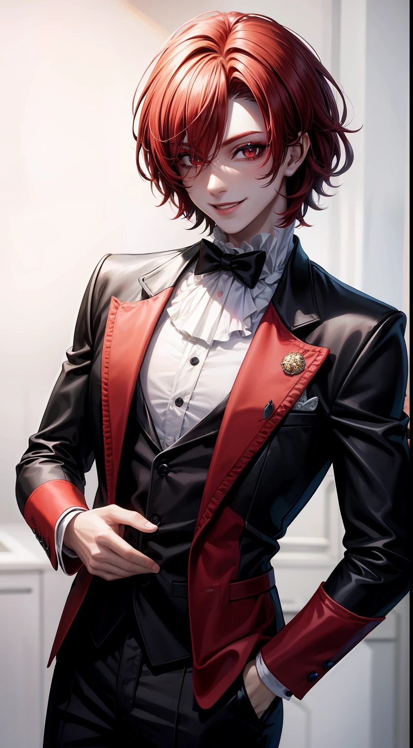 Young guy, short black or red hair, The eyes are red, The shape of the royal jester, ssmile, clown makeup, Masterpiece, hiquality