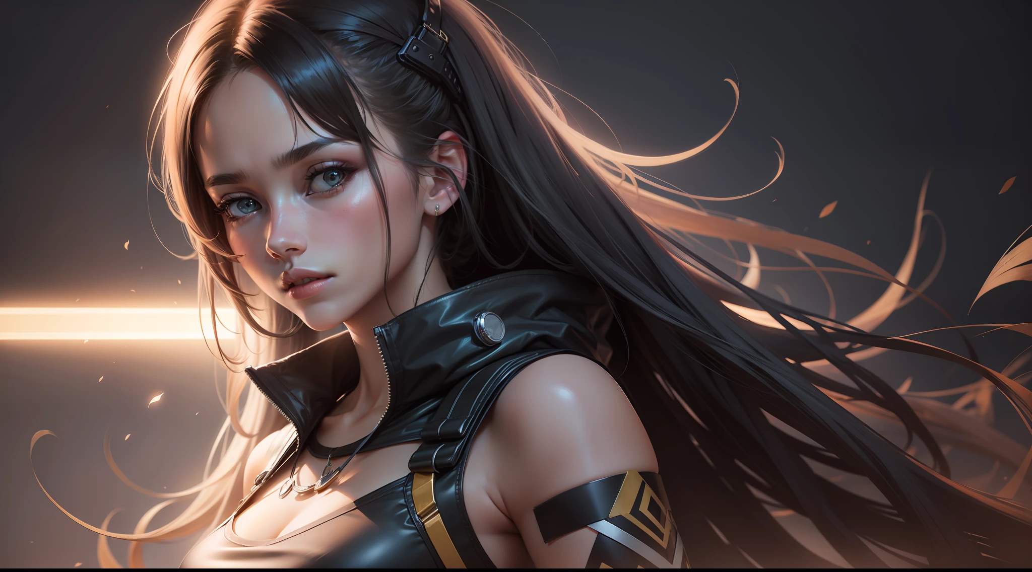 1girl, photorealistic,highres,kda, solo, long hair,  professional_light