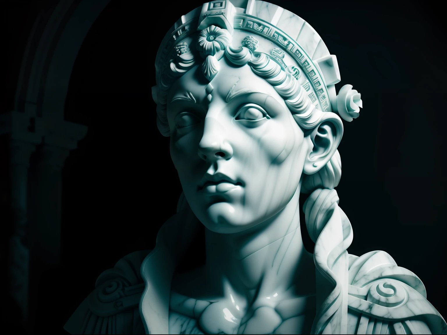 A realistic statue of white Greek marble wearing a ghostly toga, fundo negro, Moody, , fotorrealista, cinematographic scene, super detalhada, hiper realista, luzes brilhantes, 8 K