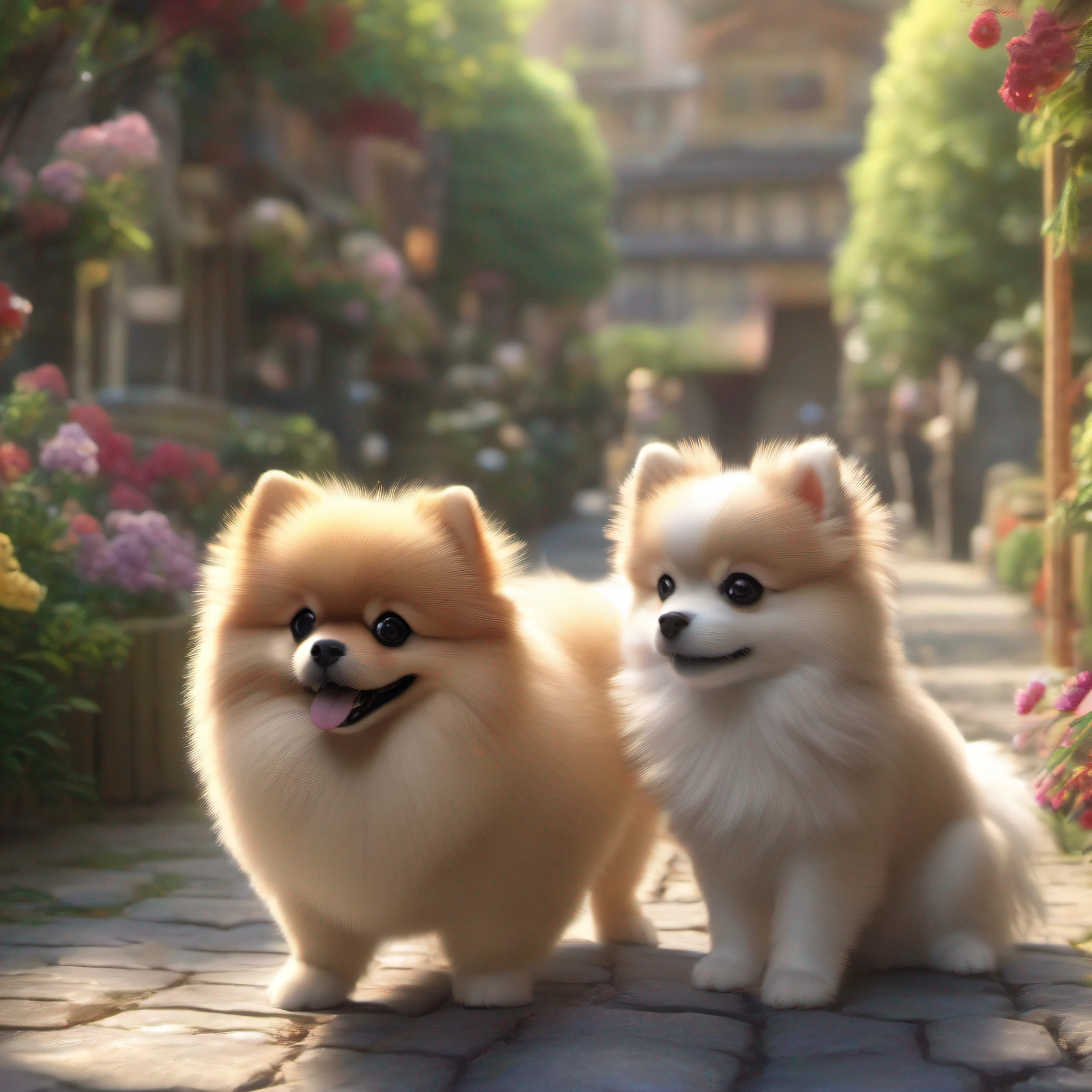 (2 Girls: 1.2), 1 Pomeranian Puppy, Cute, Outdoors, Shenguang, Kawaii, Slice of Life, Studio Ghibli, (Masterpiece: 1.2), (Best Quality: 1.2), Amazing , very detailed, beautiful, fine detail, depth of field, extremely detailed CG unity 8k wallpaper,