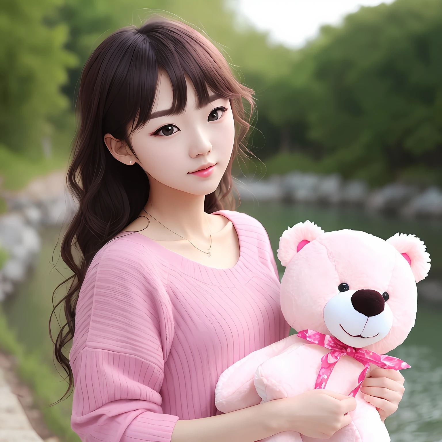 1girl walking on the river, mix4, sweater, pillow, lips, open_mouth, realistic, photo_\(medium\), solo, stuffed_animal, stuffed_toy, teddy_bear, (masterpiece), (realism: 1.3), super detailed, (High detail skin: 1.2), (Best quality: 1.0), (Ultra resolution: 1.0), (ULZZANG-6500: 0.3), wavy detail hair, long hair, sunshine, (beautiful detail makeup), (sexually aroused blush, heavy breath: 1.0), floral theme petals scattered, (soft light bloom: 0.5)