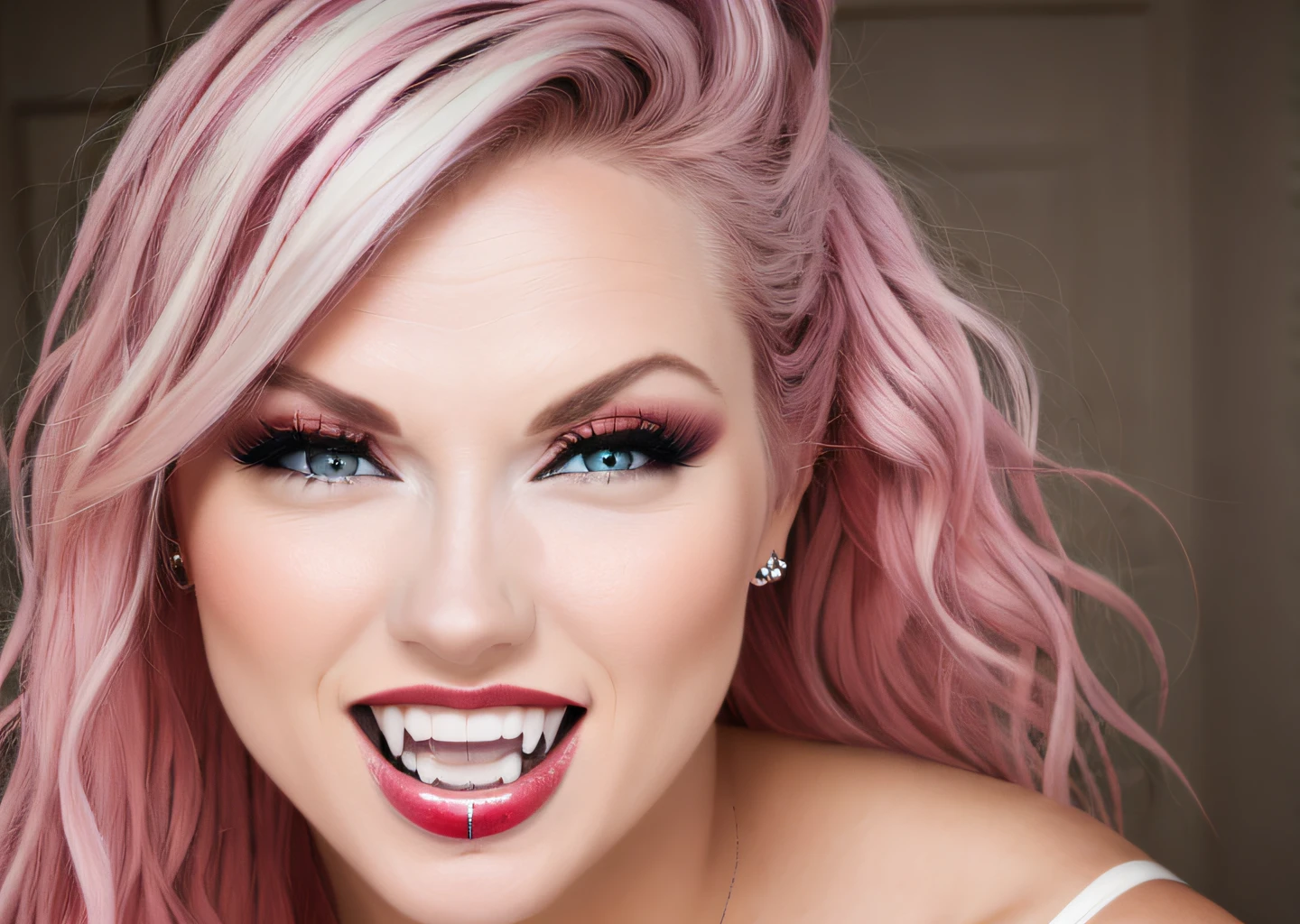 RAW photo of a caucasian woman,rainbow hair,masterpiece, sharp, ultra detailed, 8k, ((soft dimmed light)), rich castle room,perfect teeth, details lips, one woman, angle view, best quality, (high detailed skin:1.2),8k uhd, dslr, soft lighting, high quality, film grain, Fujifilm XT3, intricate detail, make up, (classy), posh, (rich) ,fangs,