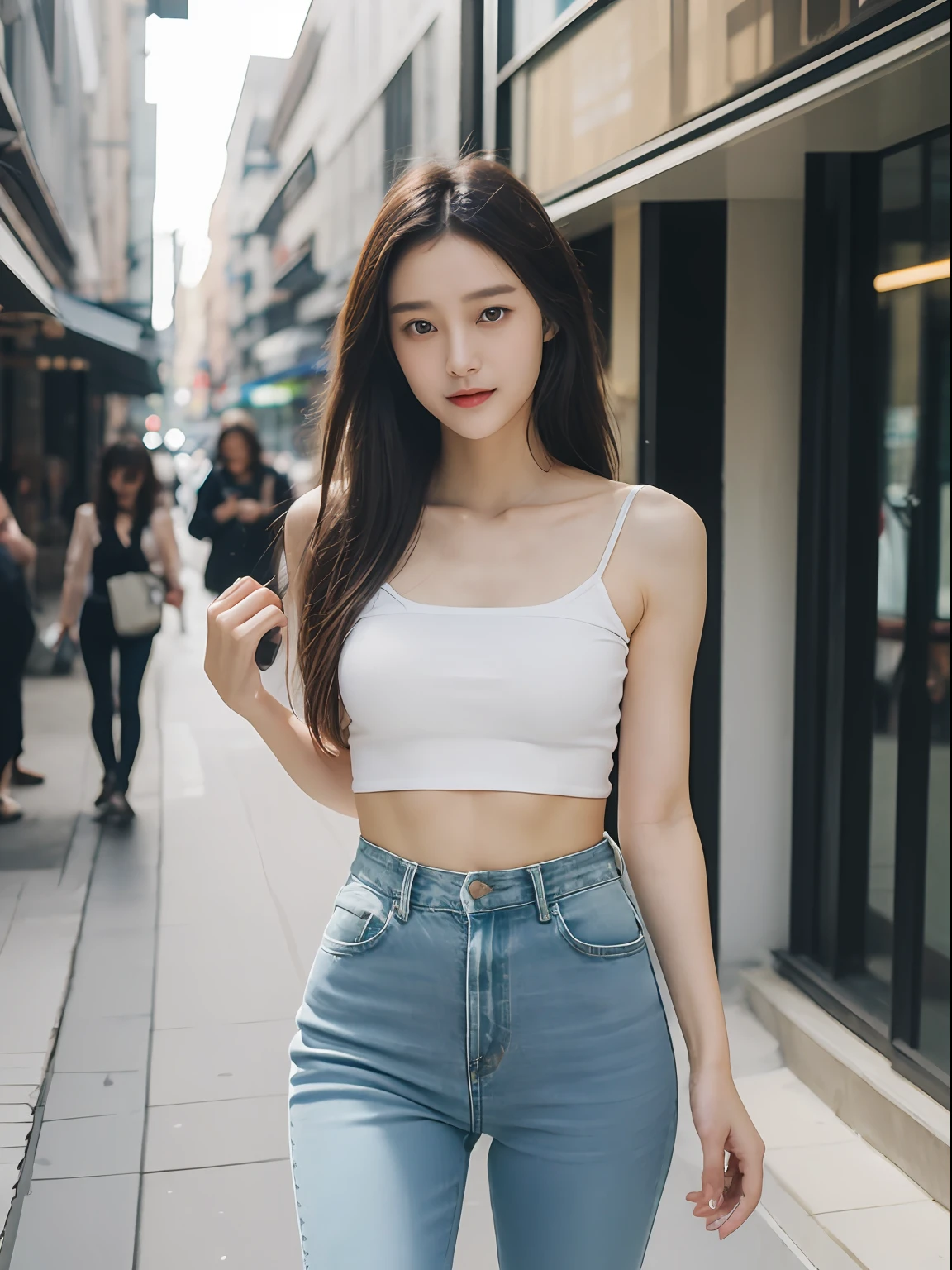 ((逼真光线, best qualtiy, 8K, tmasterpiece:1.3)), sharp fokus:1.2, 1girll, Beautiful Women with Perfect Figure:1.4, Slim abs:1.1, Legs are very thin and long:1.4，((dark brown  hair)), (white camisole，Skinny green-blue jeans）,（exteriors，In the daytime：1.1），the city street，Ultra-fine face