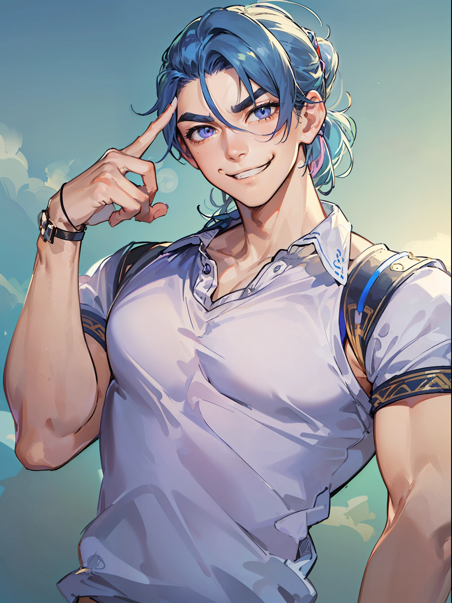 ((highest quality, masterpiece, 4k, finely detailed, detailed eyes, detailed face, intricate details, pixiv, gelbooru)) solo, (((1boy, male, mature man, masculine, handsome, slight muscles, Kanan_Matsuura_(Love_Live_Sunshine))), (((high ponytail, dark blue hair, light purple eye color, gentle eyes))), (((male briefs, tight tanktop))), bust shot, arms crossed, (((looking at viewer, cocky expression, extremely smug smile, smirking, eyebrows furrowed)))