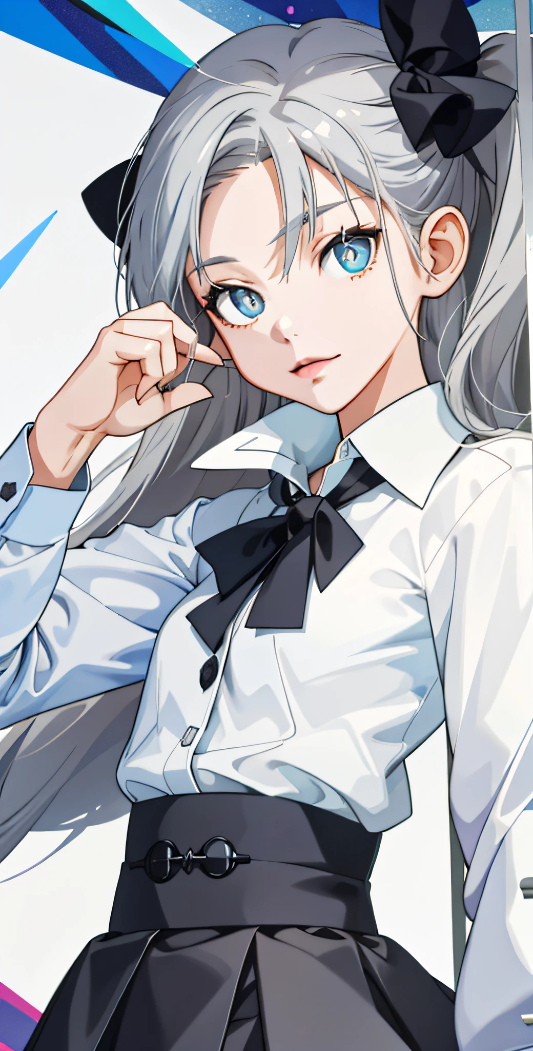 masterpiece,best quality,upper body,1girl,collared_shirt and flared_skirt as material1,colorized,abstract,rotational symmetry,grey hair,small breasts,no pupils,troll,rotated