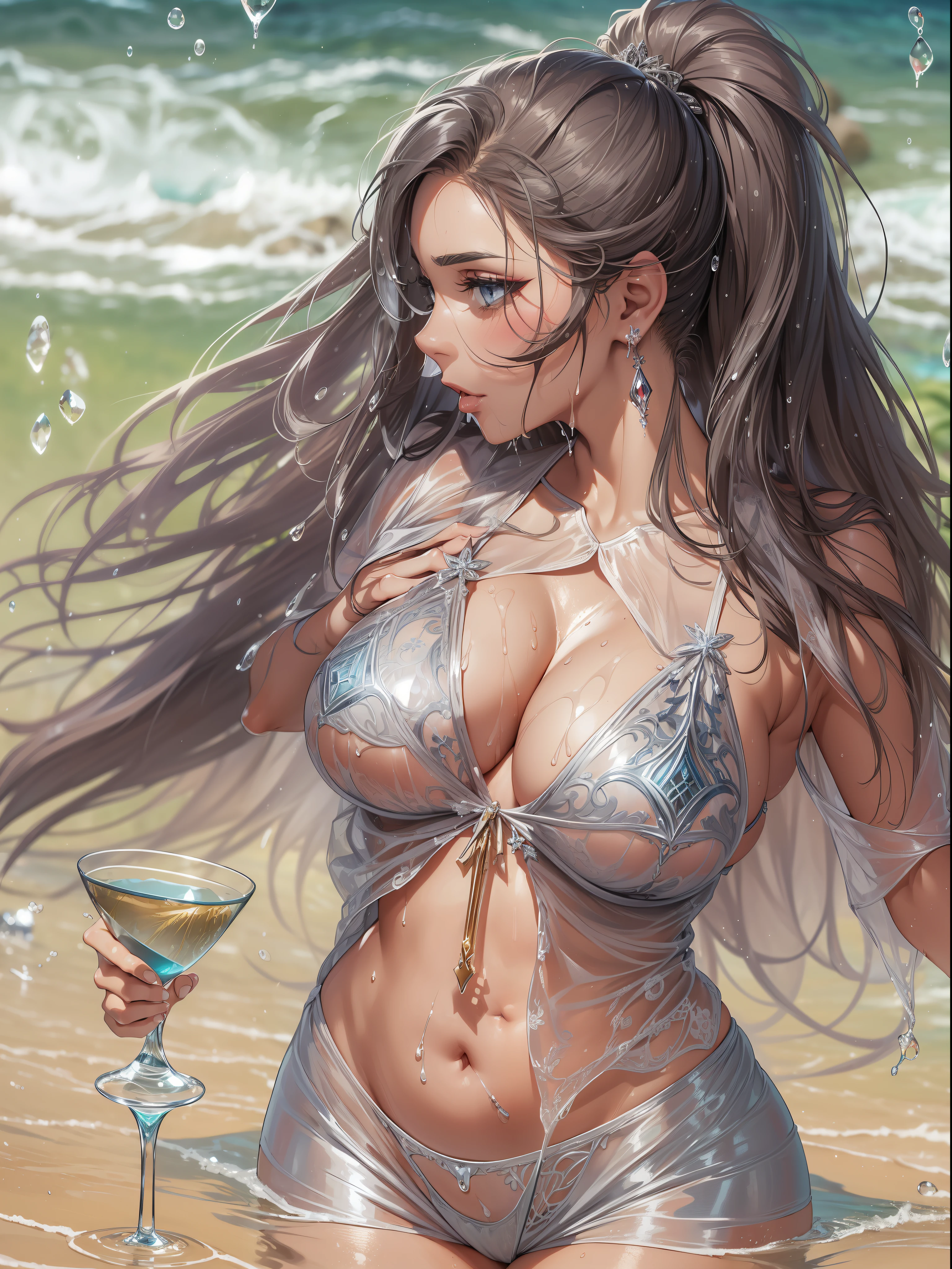 beautiful sexy mischievous long haired busty babe wearing a silver shiny bikini with intricate designs, beautiful, masterpiece, dominating, wonderful, silver liquids dripping all over body, (((wet))), (((((massive tits))))), lovely, (((seductive pose))), flower ornament in hair, long hair, hair in bun, finger pointing and touching lip, ((((micro bikini)))), ((private beach))), (((beautiful hourglass figure))), (((wearing soaked almost see through clothing))), (((looking at viewer))), (((milf)))