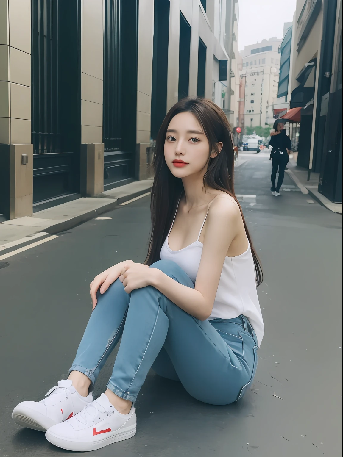 ((逼真光线, best qualtiy, 8K, tmasterpiece:1.3)), sharp fokus:1.2, 1girll, Beautiful Women with Perfect Figure:1.4, Slim abs:1.1, Legs are very thin and long:1.4,((dark brown hair)), (white camisole,Skinny green-blue jeans,White sneakers),(exteriors,In the daytime:1.1),the city street,Buildings,beachside
