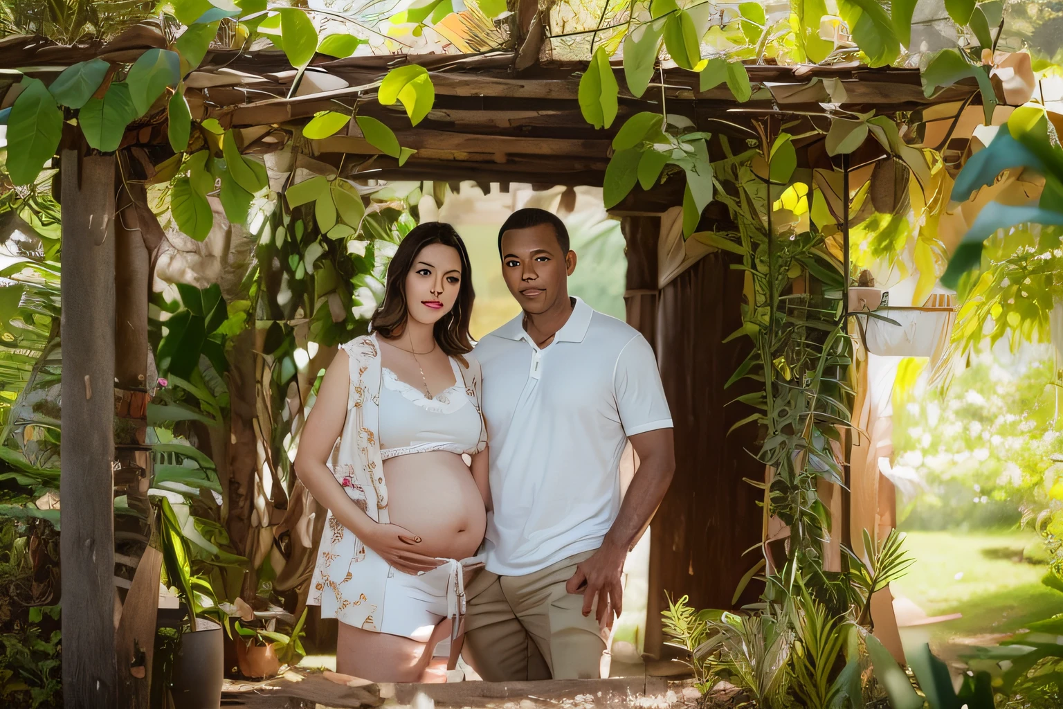 Pregnant couple posing under a wooden stand, em um jardim florido, jardim com estrada ao fundo, gravidez, imagem retrato, pregnant belly, pregnant, fotografiagrafia materna 4K, photo shoot, Retrato completo, um hiper realista, high - resolution scan, Oi - Res Scan, imagem realista verdadeira, Directed by: Juliano Allen, tiro de corpo inteiro, Sandra Chevier, tiro de comprimento total, fotografia, professionally post-processed