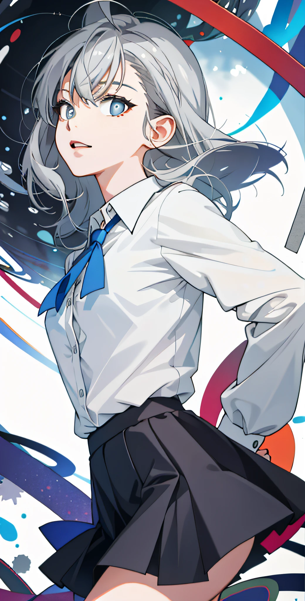 masterpiece,best quality,upper body,1girl,collared_shirt and flared_skirt as material1,colorized,abstract,﻿rotational symmetry,grey hair,small breasts,no pupils,troll,rotated