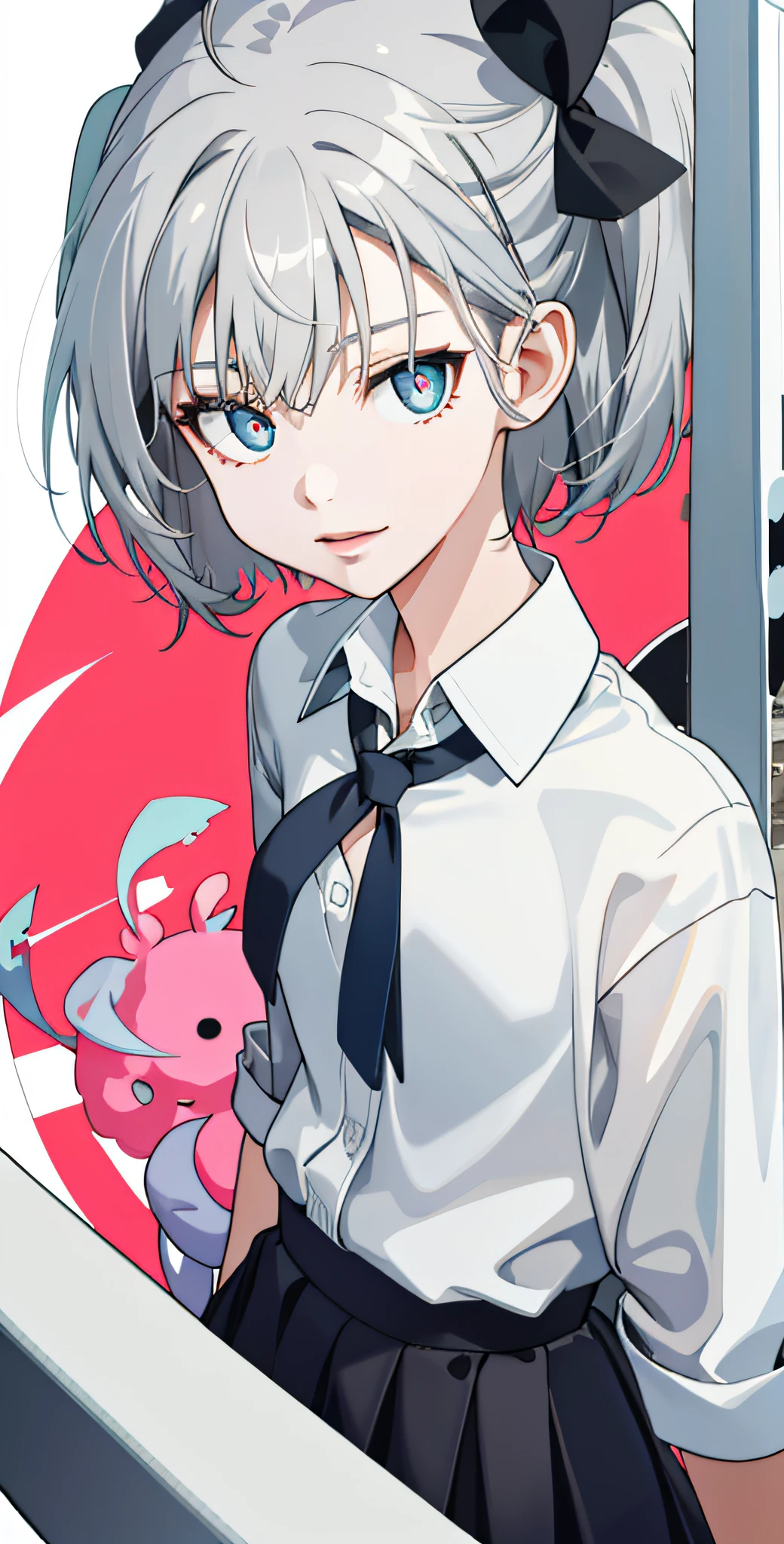 masterpiece,best quality,upper body,1girl,collared_shirt and flared_skirt as material1,colorized,abstract,﻿rotational symmetry,grey hair,small breasts,no pupils,troll,rotated