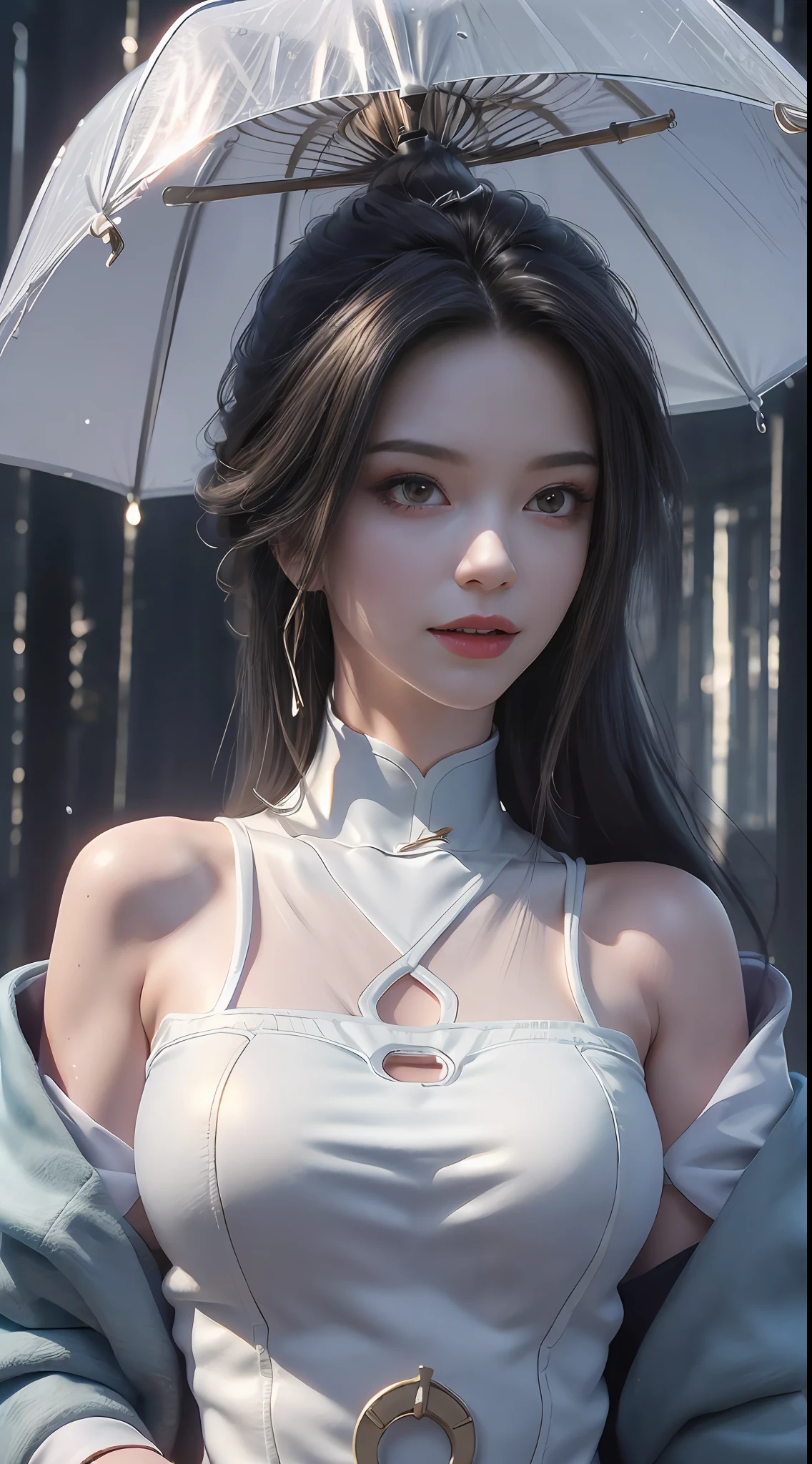 ((Best Quality, 8K, Masterpiece:1.3)), Focus: 1.2, Perfect Body Beauty: 1.4, Buttocks: 1.2, ((Layered Haircut, Breasts: 1.2)), (Wet Clothes: 1.1), (Rain, Street:1.3), Bandeau Dress: 1.1, Highly Detailed Face and Skin Texture, Fine Eyes, Double Eyelids, Whitening Skin, Long Hair, (Shut Up: 1.3), Smile