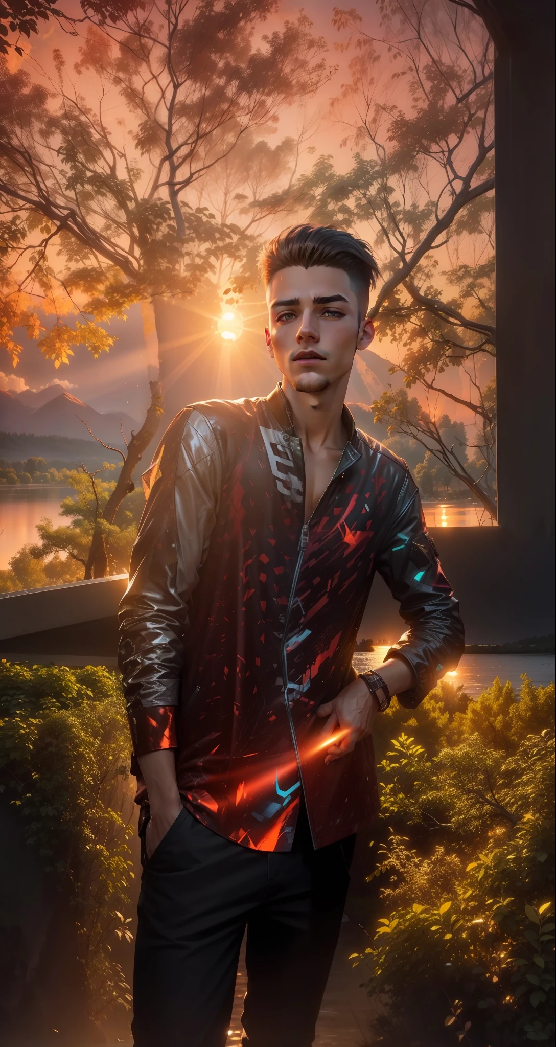 a beautiful sunset with a lake and trees in the background,realistic face,same face,cyberpunk,handsome boy,cool hairstyle,8k resolution,boy,Only boy