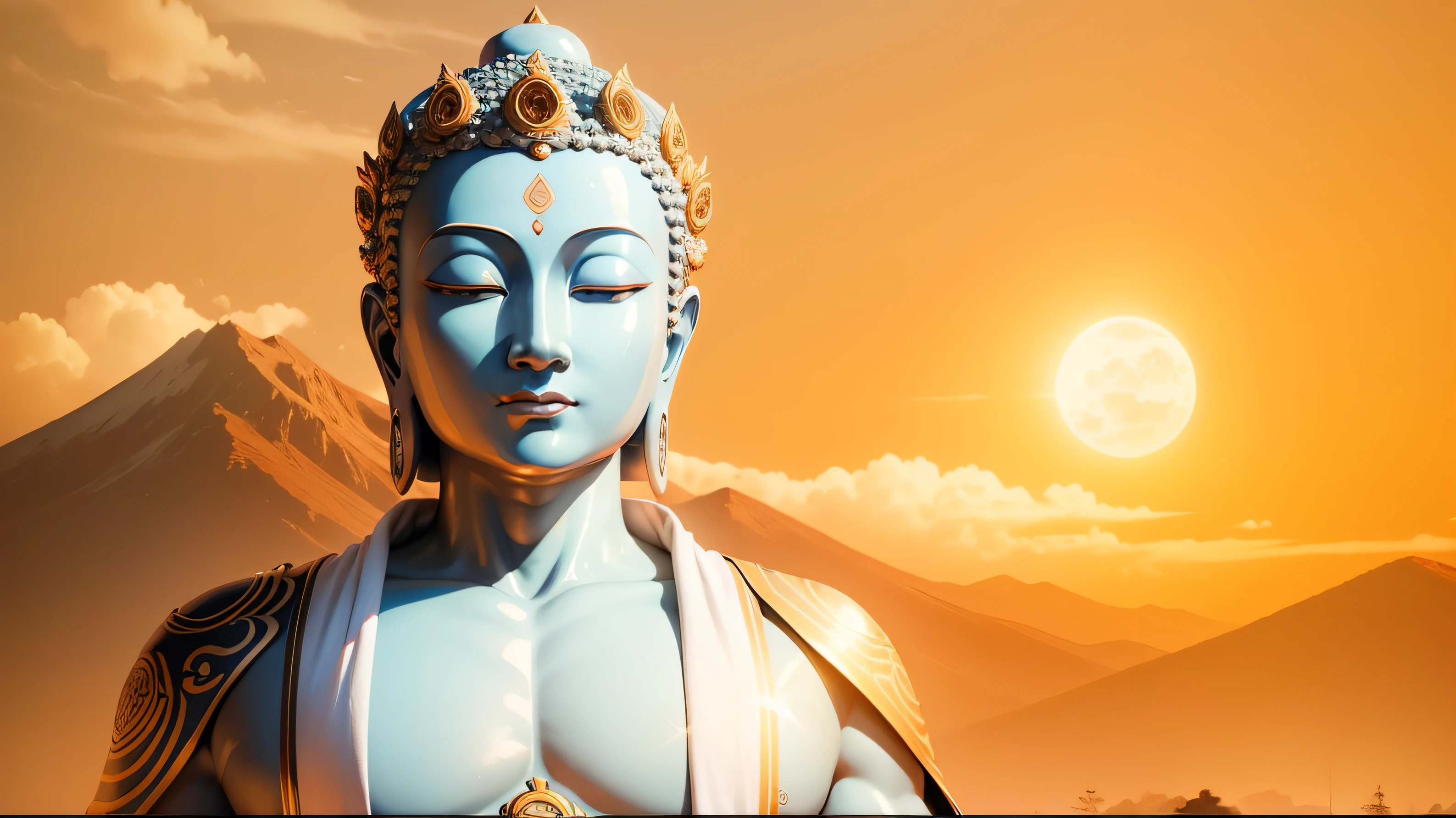 Take the distant mountains、Close-up of humans in the background of the rising sun, a Buddhist Buddha, Buddhism, Buddha, Buddhist, Beautiful image, samsara, personal profile picture, Zen, enlightening, 4 0 9 6, buddhist art, dharma artifacts, Avatar image, attractive male deity, Zen meditation, Peaceful, leaked image, On the road to enlightenment, Karma for tomorrow。Bronzed skin，Bronzed facial skin，Facial fullness, peaceful expression，Realphotos，8K quality，hyper HD，Background early morning sun，with blue sky and white clouds，Draped in Buddhist robes