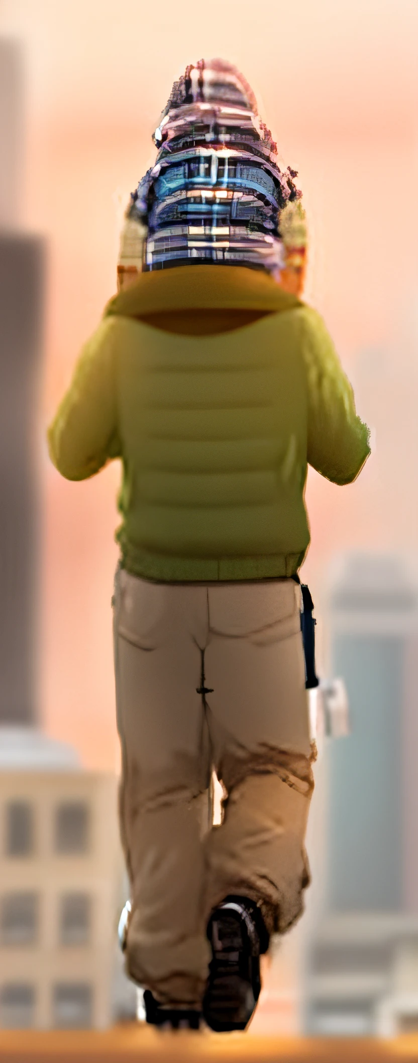 A girl sat on her father's shoulders,Back lens