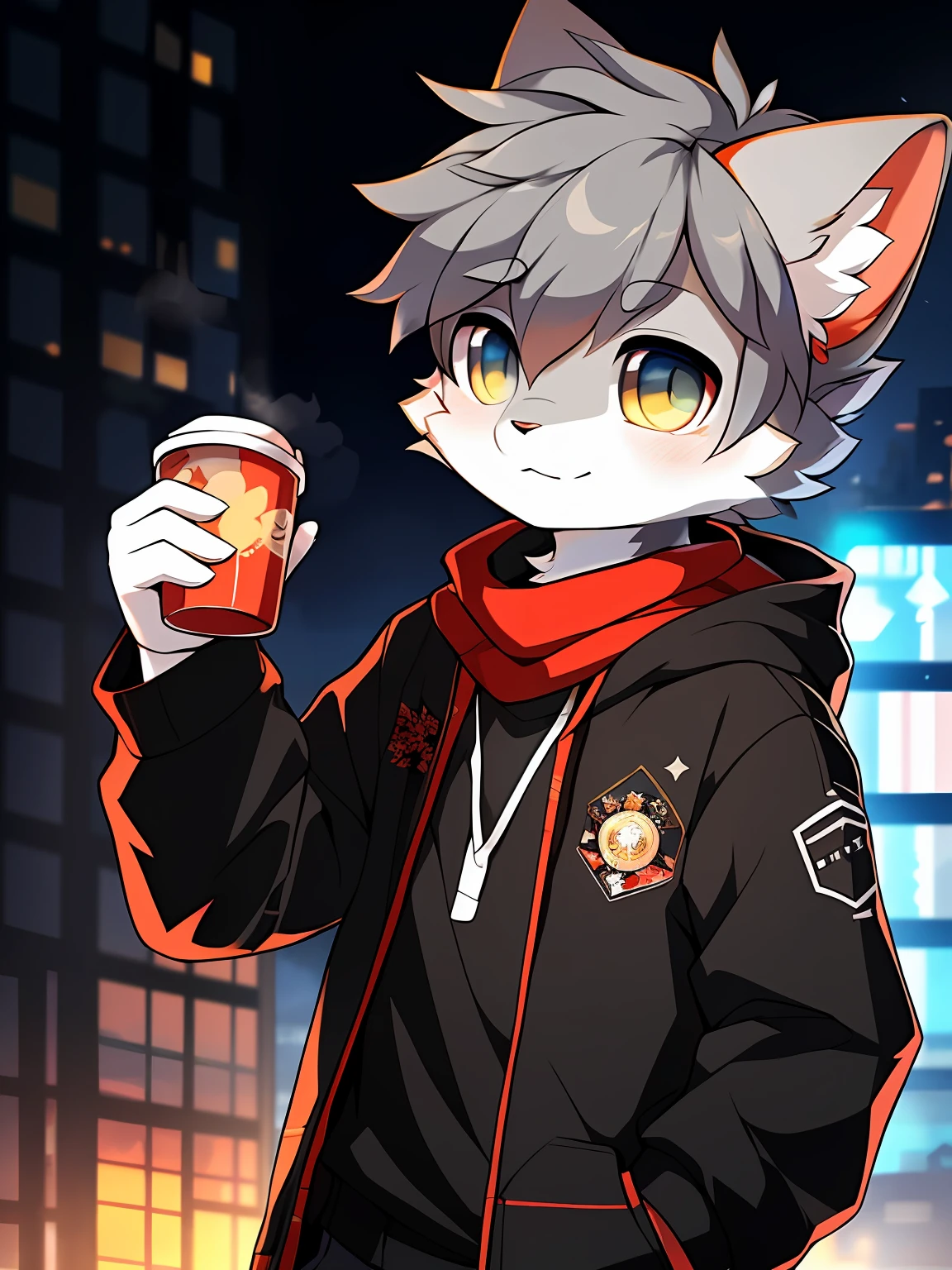 Highest image quality，Delicate painting style，Delicate hook lines，tmasterpiece，Fine fine skin，Delicate hair，Complete painting，A masterpiece，Delicate hands，finely-detailed eyes，Normal eyes,Author Zachary 911， （Coffee soda：1.1）， Hioshiru， zackarry911， Humanity， male people， 独奏， garments，  2022， Outfit in black， hoody， Black  top，  black   hoodie， Cyberpunk city setting，Red scarf，winter background，Gray cat ears，Gray hair，adolable，Handsome，（（White scarf）），Cat style，Shota，cyber punk perssonage, Blue pupil, city night scene, Gray hair, By bangs，Dappled light and shadow, short detailed hair，ember，There are bright eyes of God, 城市，New Year，snowflower