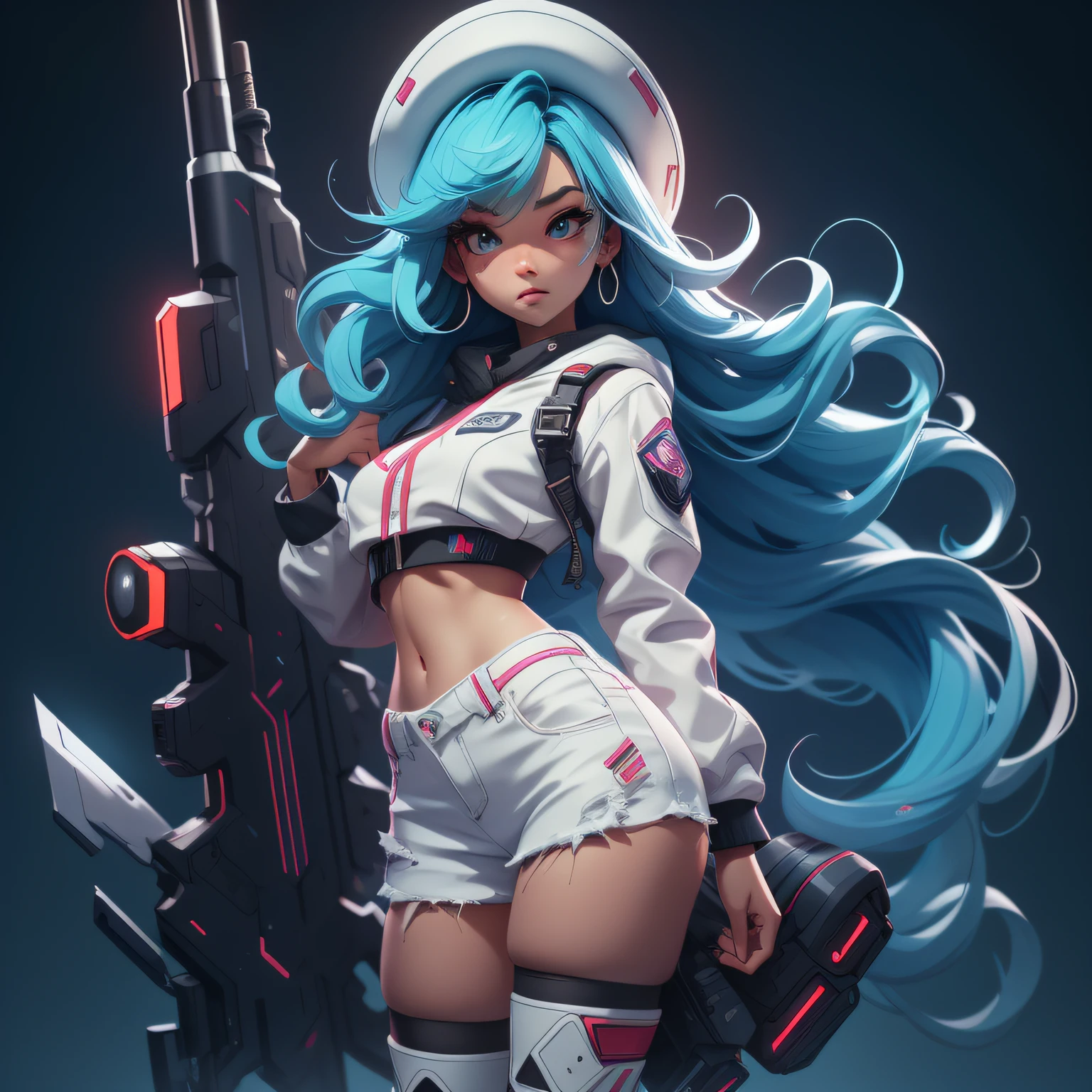anime cute pose, long curly sky blue hair ,full body , small waist, cute normal chest, wearing cyberpunk white jacket, wearing blue short jeans , wearing long net stockings, wearing red high heels boot, wearing a big cowboy hat, character design, cyberpunk nature background, SCI Fi, 8k, high detailed body, high detailed face, realistic , random, legendary , sun shadow, movie lightning, 8k, RAW photo, best quality, masterpiece, high detail RAW color photo, dramatic lighting, cinematic lighting, back light, professional lighting, detailed face, full body, girl focusing