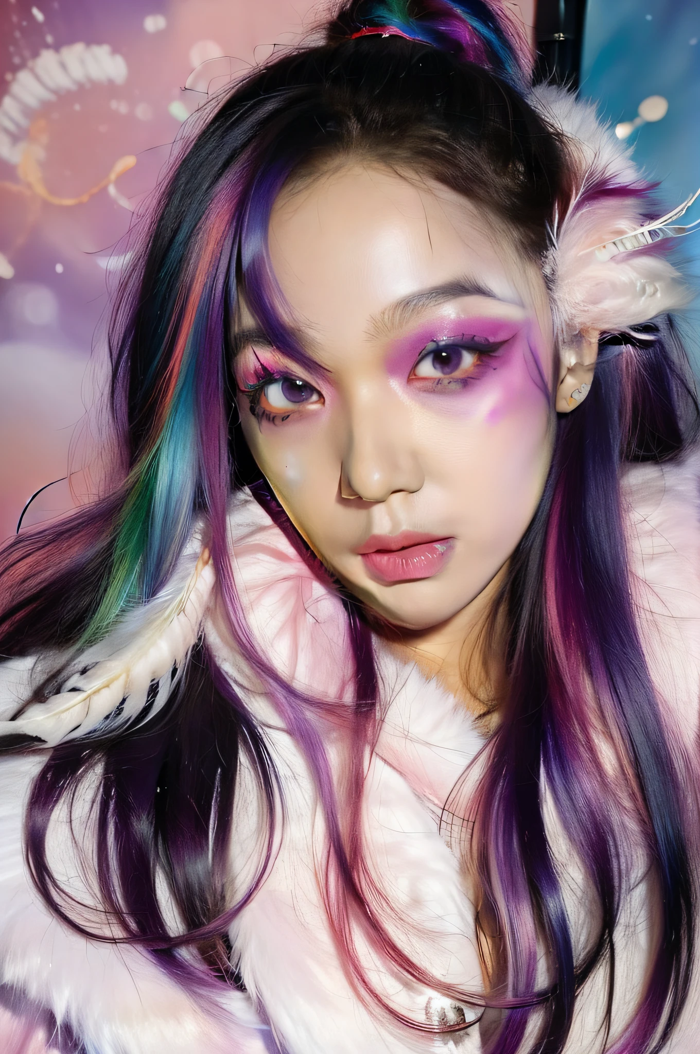 masutepiece, Best Quality, 1girl in, Colorful cloudy and smoke with rainbow and purple swirling vortex on colorful background, (Yuki) (( Swirling colorful hair)), Wearing a white fur coat, ((Long hair)), ((front)), emotive faces, close up, studio lights, studio, (((Makeup portrait, Pink Eye Shadow))), ((Many purple rainbow swirl、Multicolored snow and feathers on the face))