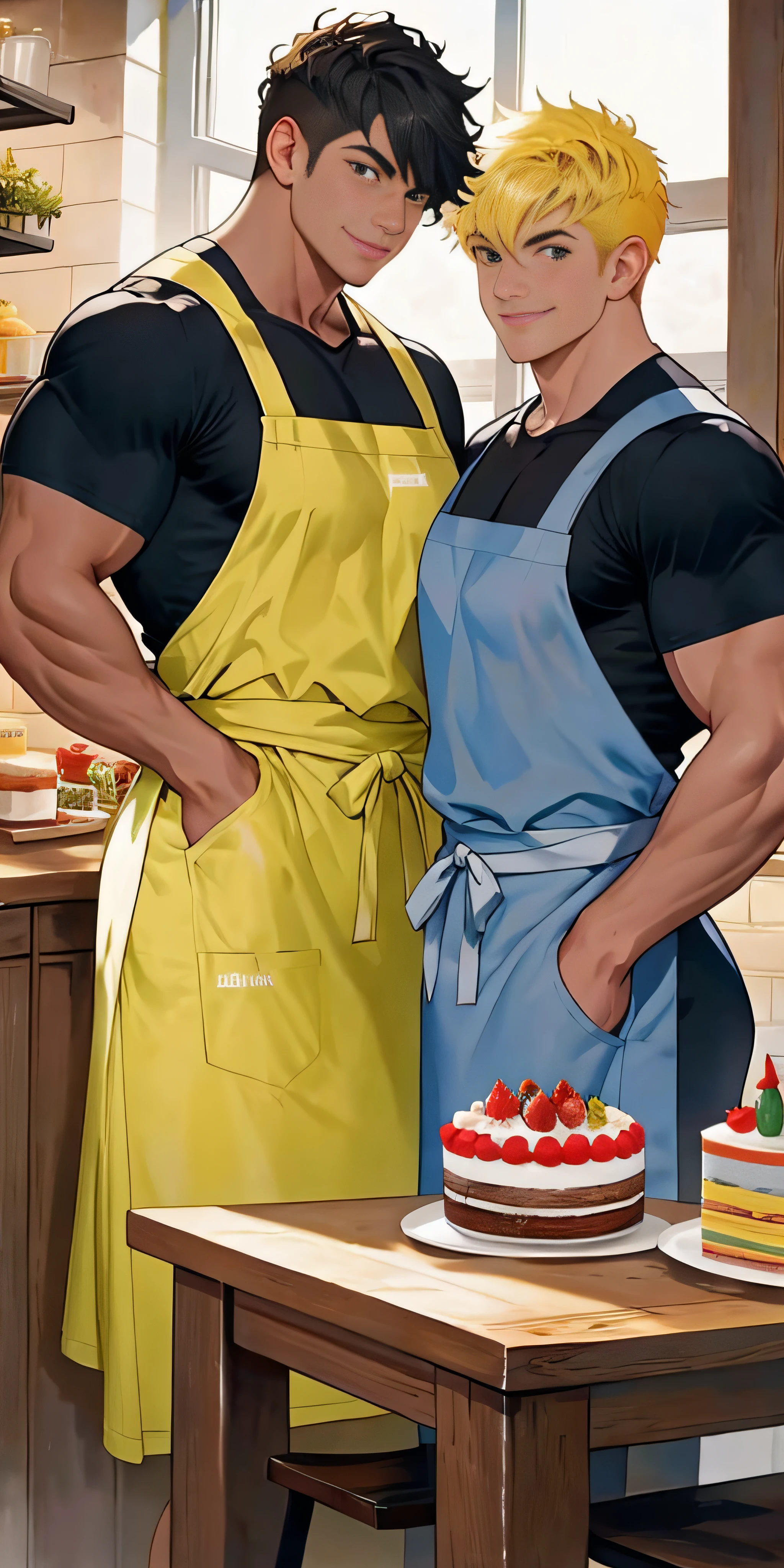 2 Muscle man，Sit together，looking to the camera，kitchens，rays of sunshine，Make cakes together，aprons，