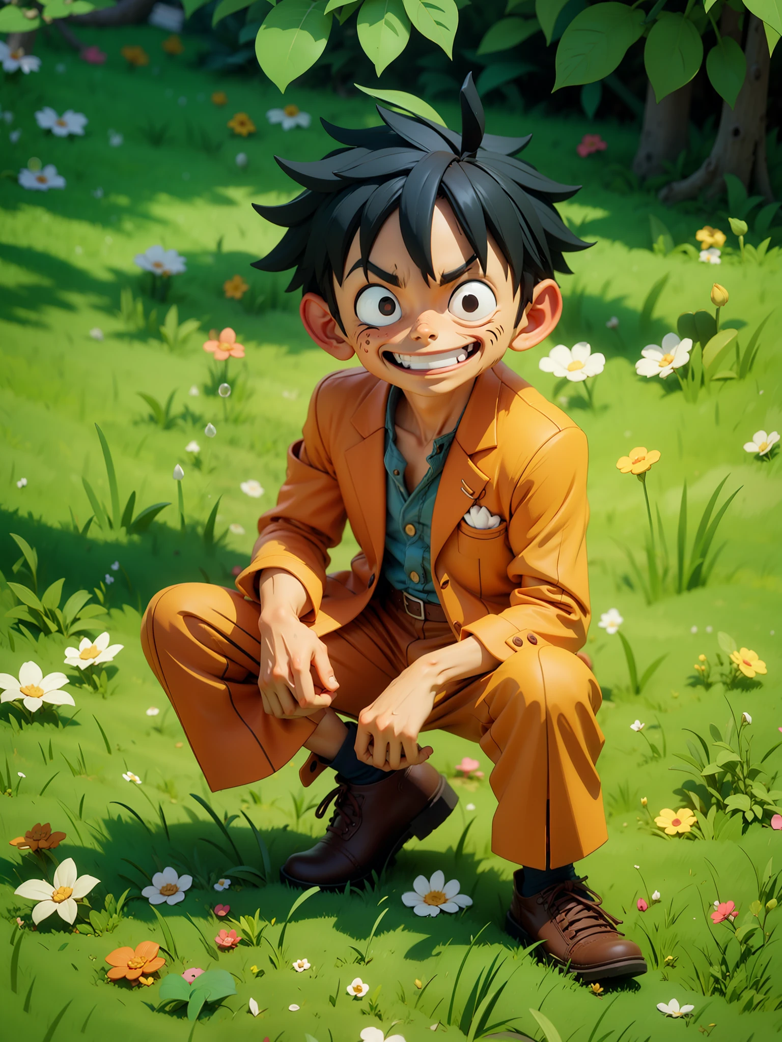 masterpiece, best quality, ultra-detailed, adult Luffy, 1boy, solo, Full body, smile, wearing suits, detailed face, day, full body, looking at viewer, male focus, open fields, grass, perfect hands, perfect face, background japanese traditional house, chibi style, figure, action figure