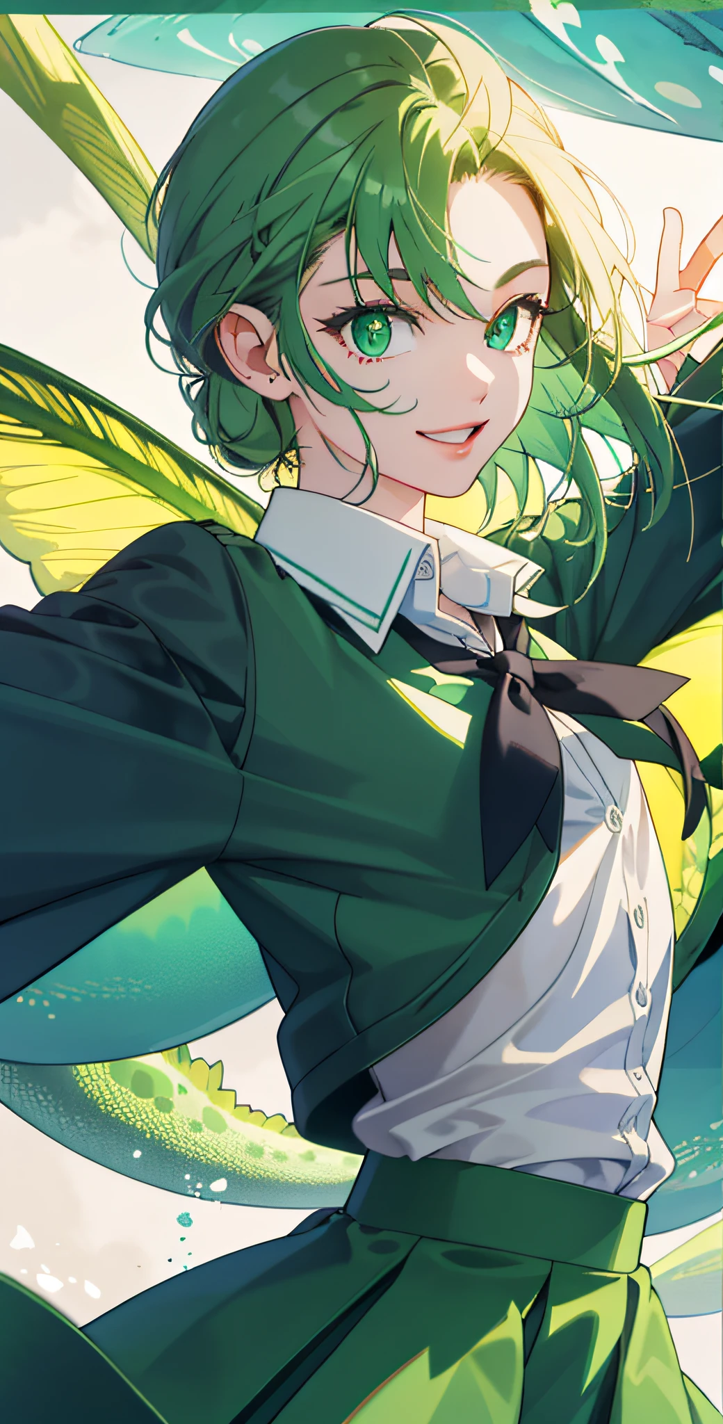 masterpiece,best quality,upper body,1girl,collared_shirt and flared_skirt as material1,green theme,art deco,zoom layer,tied hair,small breasts,amphibian eyes,happy,perspective