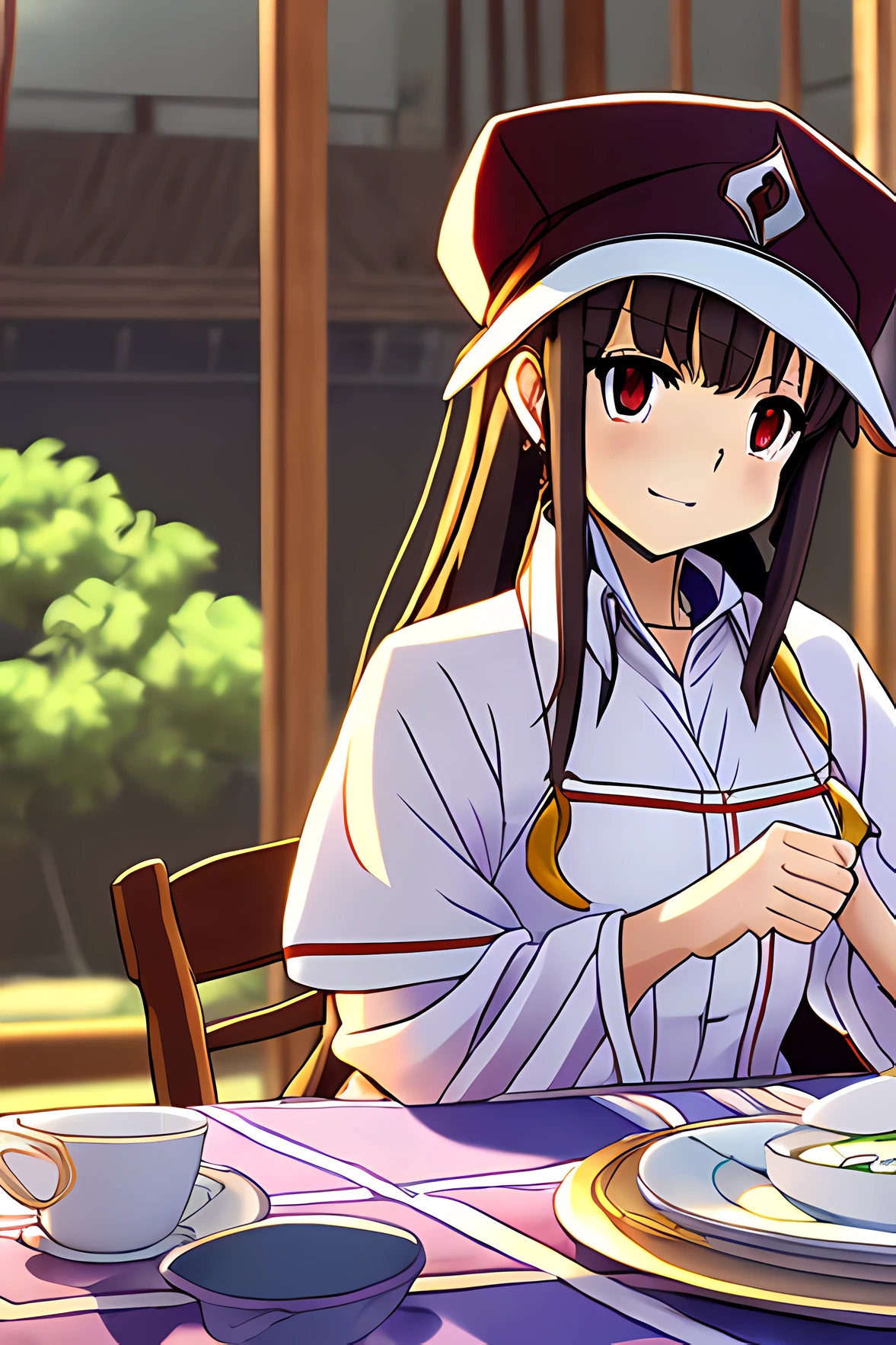 Anime character sitting around table in white tablecloth, For luxurious tablecloths, isekai manga panel, cutscene, robed figures sat around a table, Isekai, tablecloth, ufotable, Princess at the royal banquet, sitting on table, umineko, 1Man girl、top-quality、masterpiece、超A high resolution、(Photorealsitic:1.4)、There is a manager woman wearing a baseball cap、wearing a dark blue polo shirt、poneyTail、baseball field