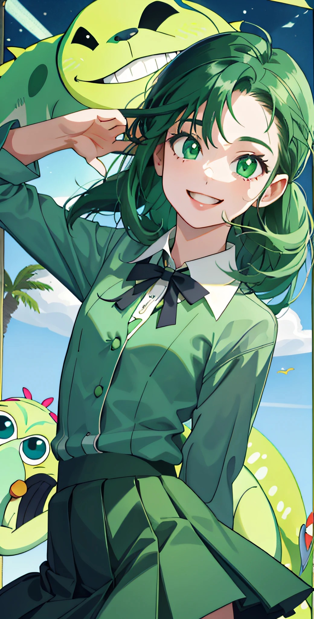 masterpiece,best quality,upper body,1girl,collared_shirt and flared_skirt as material1,green theme,art deco,zoom layer,tied hair,small breasts,amphibian eyes,happy,perspective
