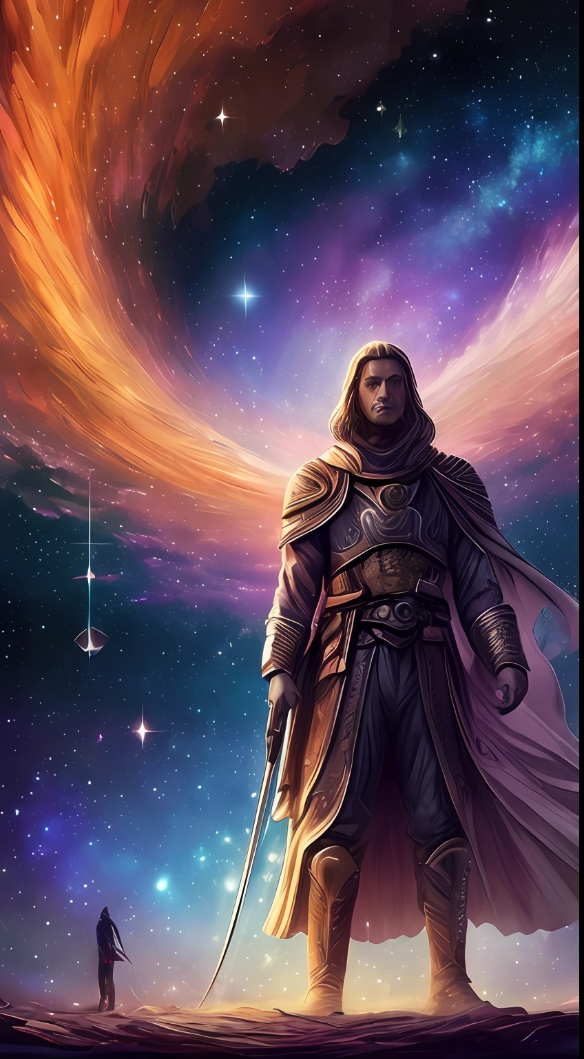 inconceivable and spectacular a scene of emergence of a figure from the glowing cloud, fios de nebulosas fractais, cosmic entities, celestiais, cosmico, vibrant and vivid, redemoinhos, Torneamento, irreal, Alto contraste, simbolismo, Magia, mistic, mistificador, hiper-realista, supersaturado , colorida ((Homem solo))