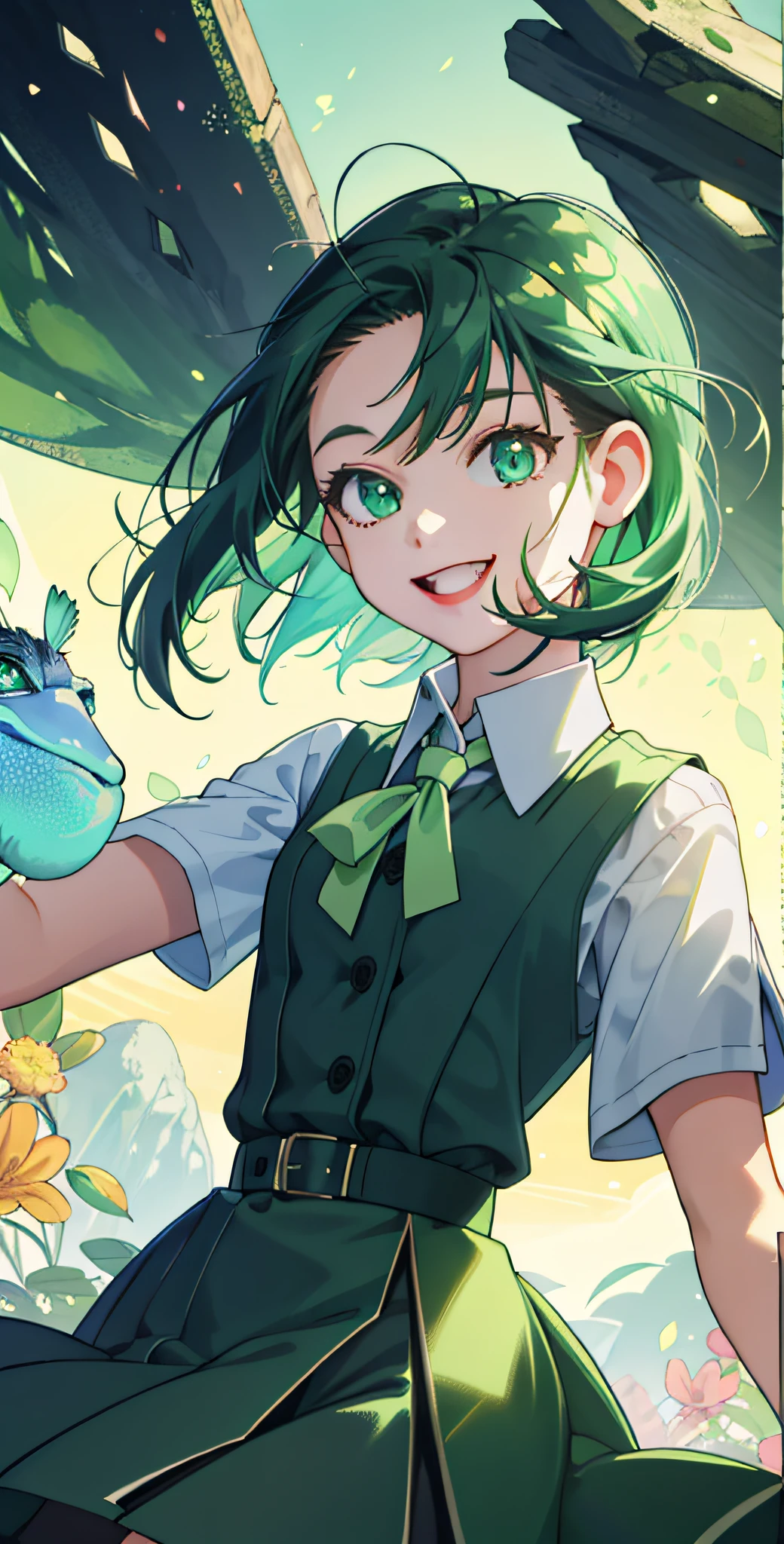 masterpiece,best quality,upper body,1girl,collared_shirt and flared_skirt as material1,green theme,art deco,zoom layer,tied hair,small breasts,amphibian eyes,happy,perspective