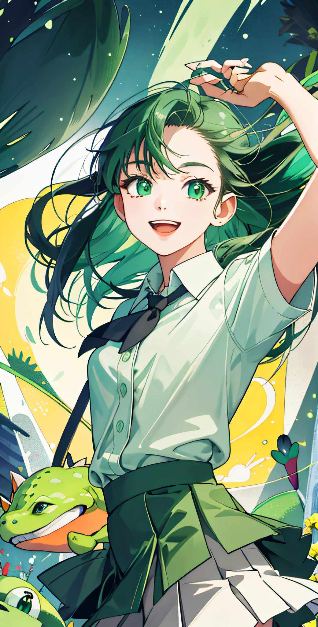 masterpiece,best quality,upper body,1girl,collared_shirt and flared_skirt as material1,green theme,art deco,zoom layer,tied hair,small breasts,amphibian eyes,happy,perspective