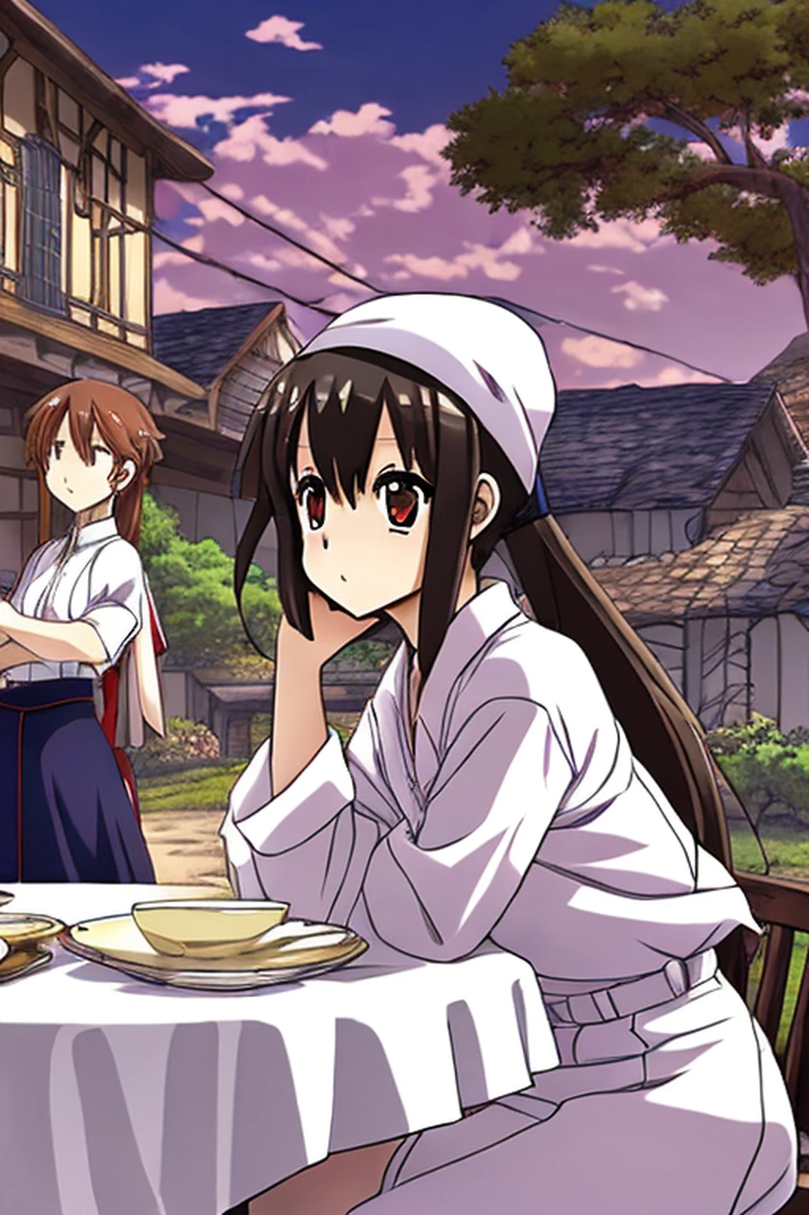 Anime character sitting around table in white tablecloth, For luxurious tablecloths, isekai manga panel, cutscene, robed figures sat around a table, Isekai, tablecloth, ufotable, Princess at the royal banquet, sitting on table, umineko, 1Man girl、top-quality、masterpiece、超A high resolution、(Photorealsitic:1.4)、There is a manager woman wearing a baseball cap、wearing a dark blue polo shirt、poneyTail、baseball field