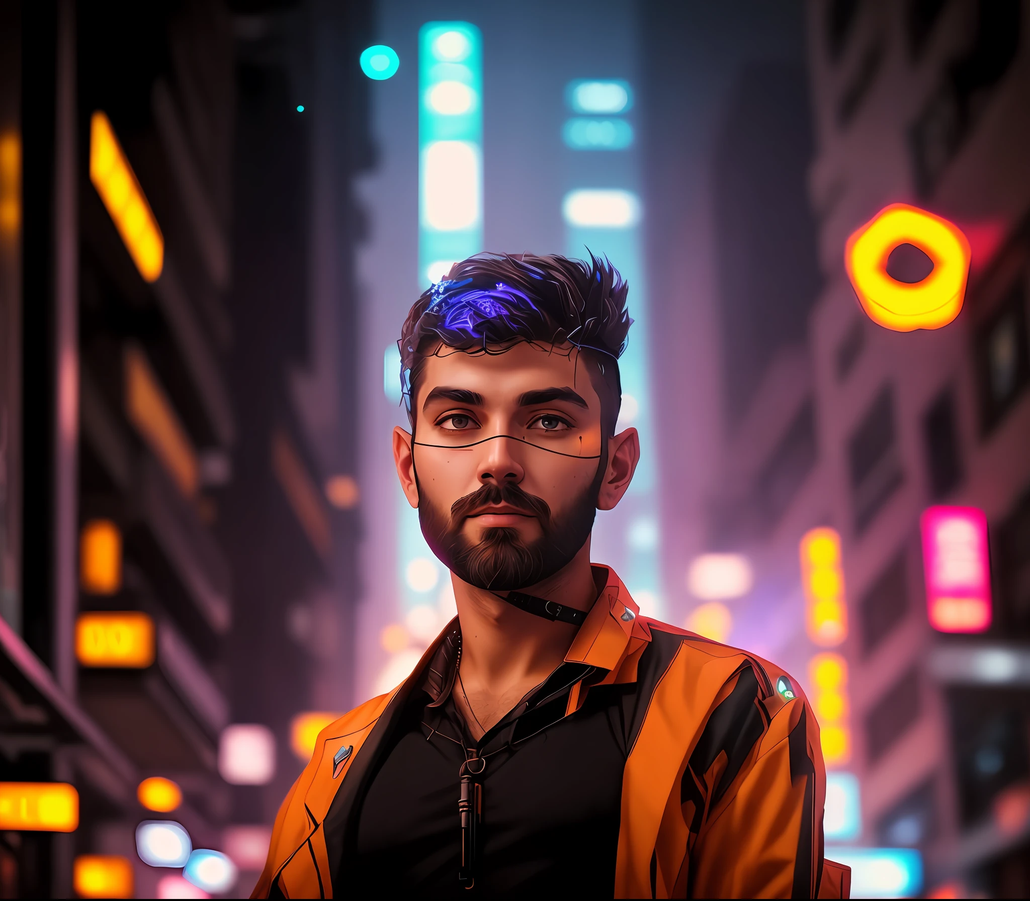 handsome man with beard, masterpiece, best quality, (sci-fi:1.2), street, dof, (cyberpunk:1.15),neon