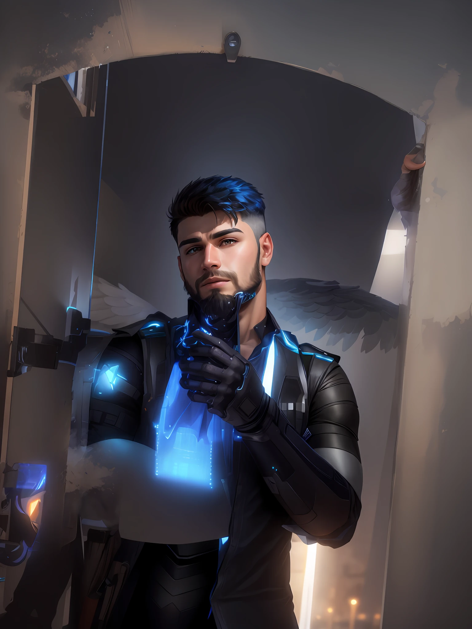 Change this border background cyber wings hansome boy realistic face. Ultra realistic