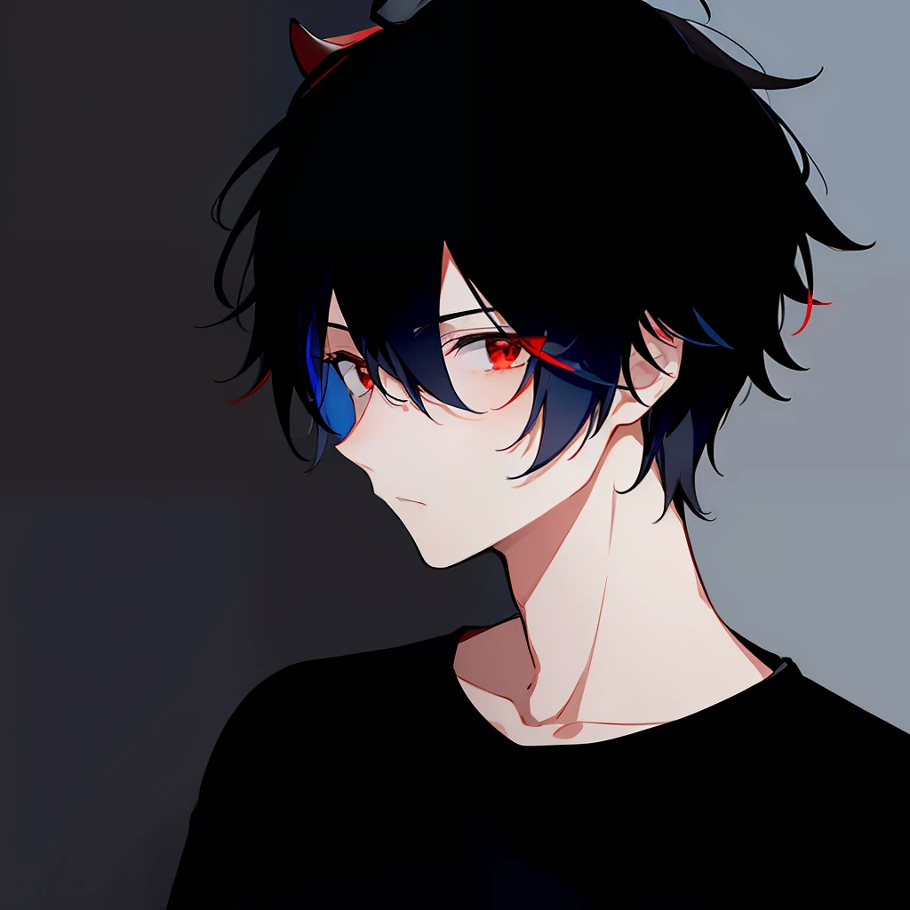 1boy, black hair with red and blue horns, handsome striped black shirt