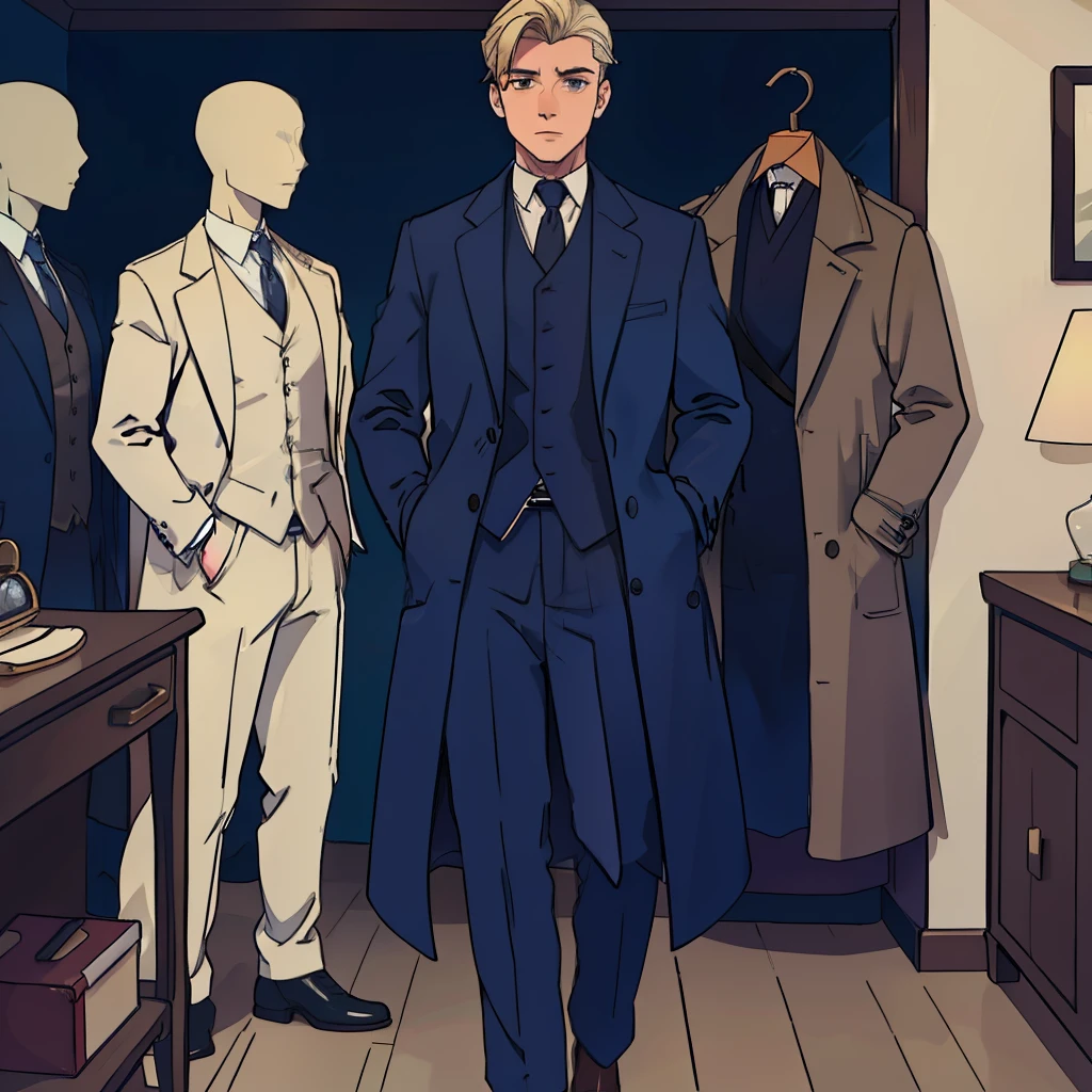 A body mannequin of wearing a overcoat and with home classic clothing and the mannequin is male model