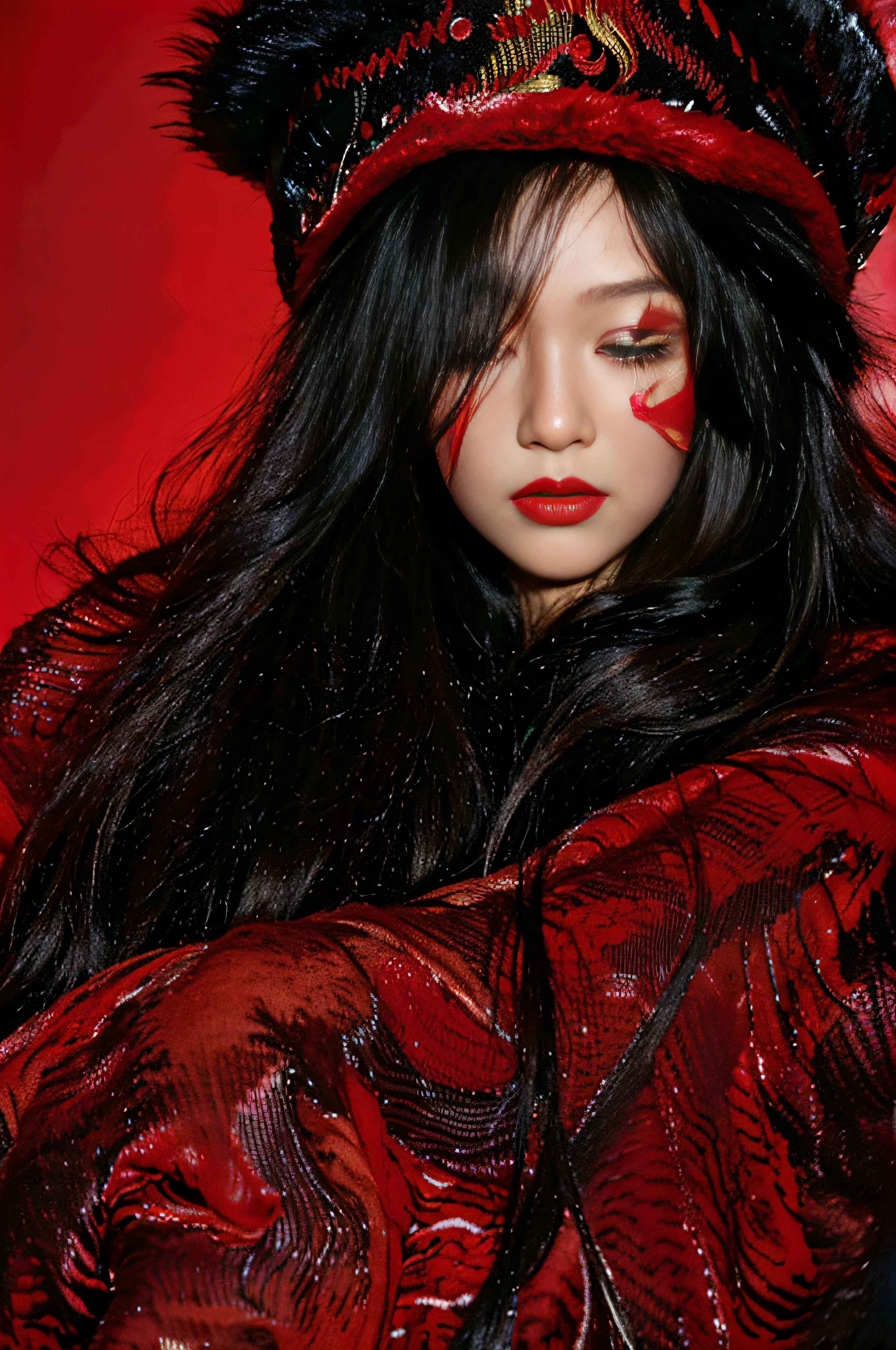 masutepiece, Best Quality, 1girl in, Red background, Black hair, long curly hair, Face front, Eyes closed、((red fashion silk lone costume with red swirling vortexes pattern)), ((Red Plush Fur Hat)), emotive faces, (portrait closeup), make up, studio lights, studio