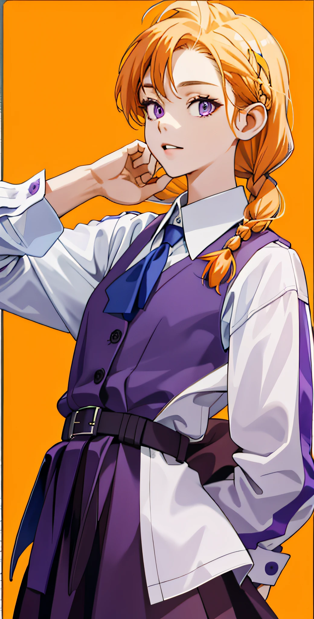 masterpiece,best quality,upper body,1girl,collared_shirt and flared_skirt as material1,orange theme,cosplay,outside border,side braids,small breasts,purple eyes,disgust,from above
