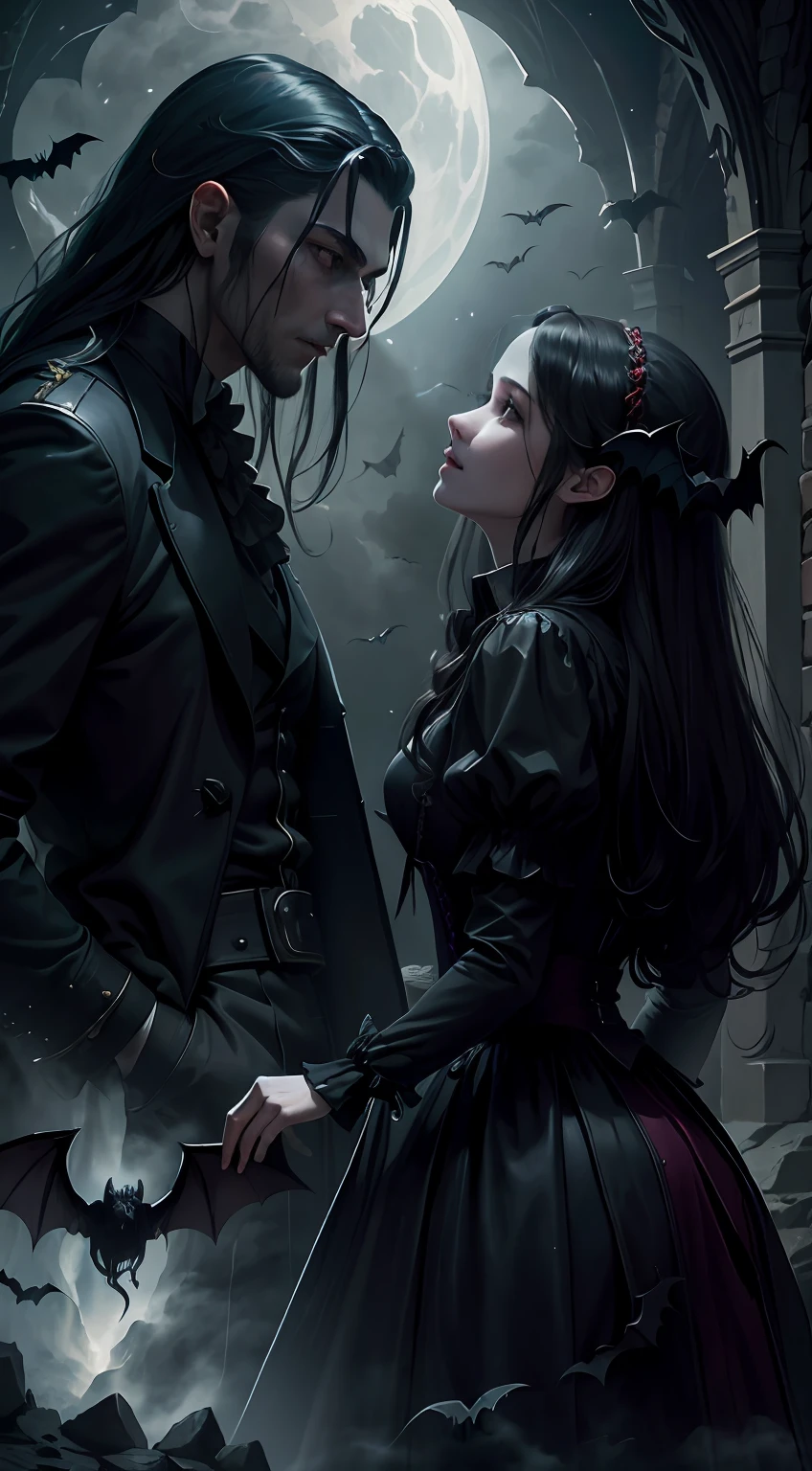Close-up of two vampires,Stay in a magnificent cave,(The female vampire inside the cave faces the audience:1.2),(Male vampire inside cave facing audience:1.2),(There are flying bats in the sky:1.2),(Old European castle architectural style),(Moonlight shines through the clouds),(The picture presents a mysterious and obscure gray tone),(tmasterpiece),(Best picture quality),(Very detailed and uniform picture),(8k wallpaper),(Tyndall effect),(light and shadow effect),(Obvious layering),(Unreal 5),The creation is inspired by movies《Vampire Dracula》