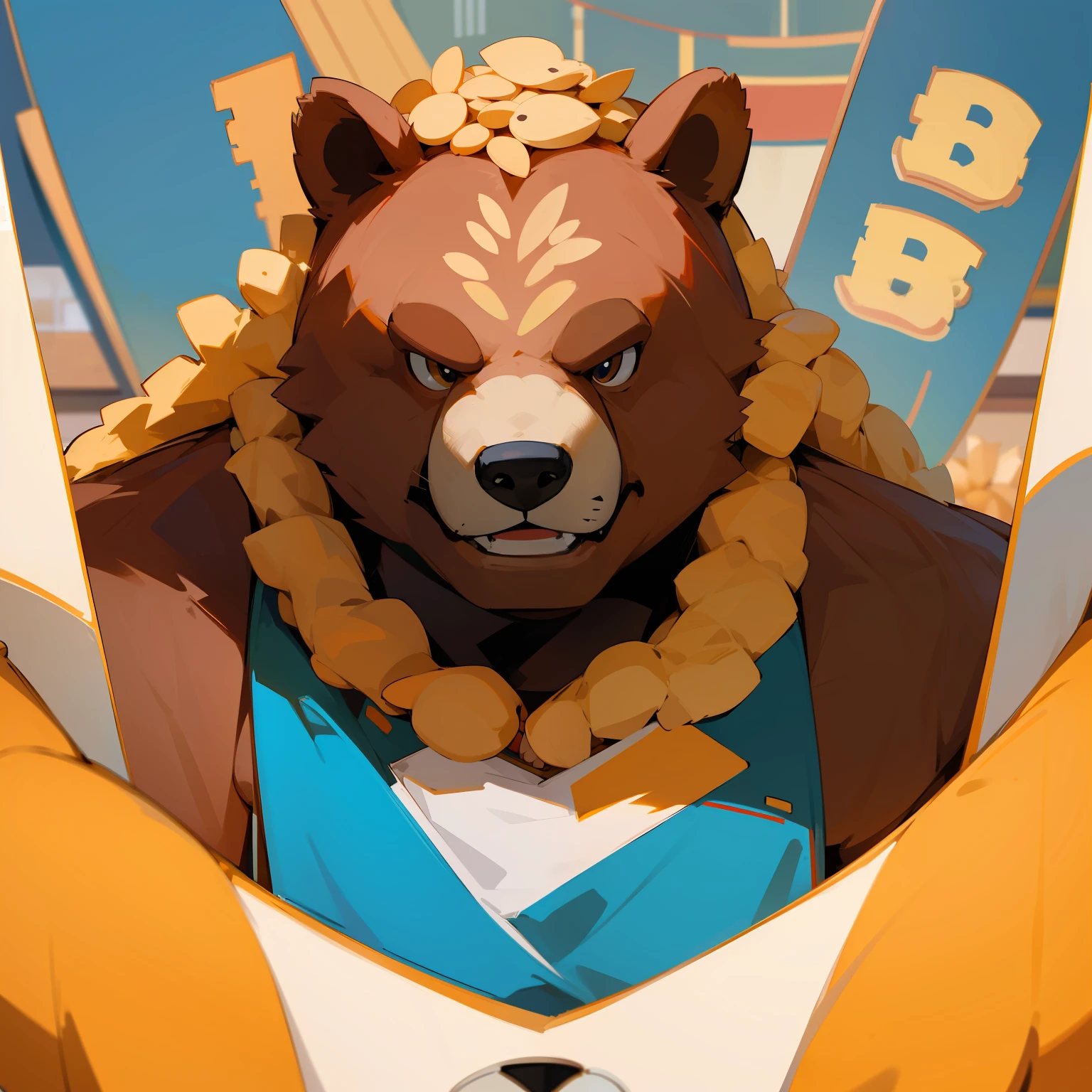 a close up of a bear head with a book in its mouth, high school mascot, mascot, portrait of anthropomorphic bear, sports team mascot, head of a bear, bear, sports mascot, cub, image, bears, best logo, cereal mascot, beaver, half bear, football mascot, pudenda, “jeffrey” logo