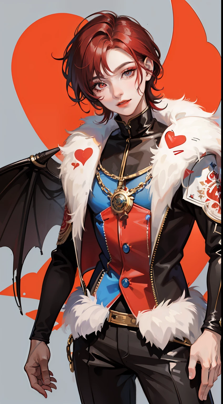 Young guy, short black or red hair, The eyes are red, The shape of the royal jester, ssmile, clown makeup, Masterpiece, hiquality